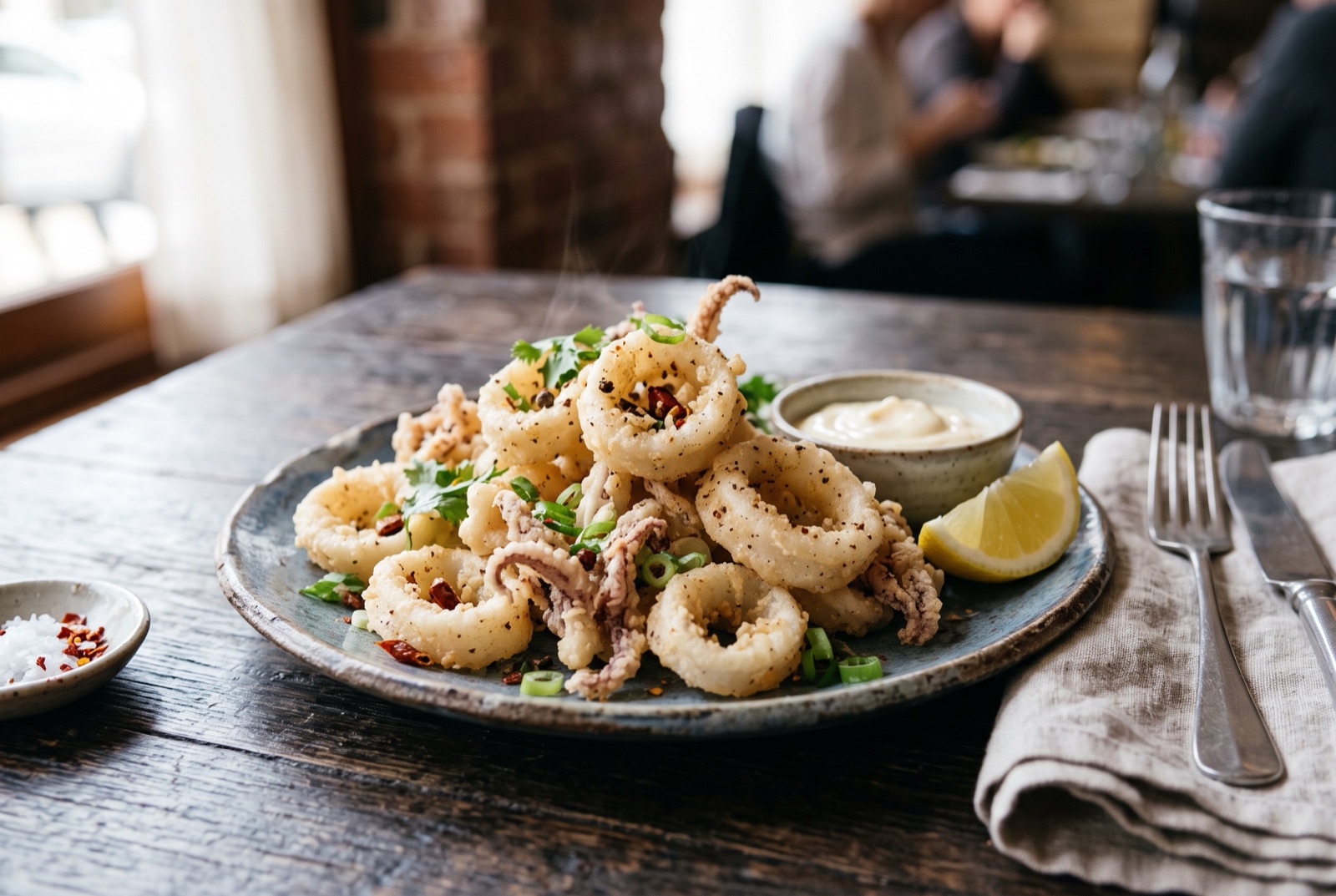 Crisp salt and pepper squid piled on a platter with coriander, sliced red chilli, lemon wedges and a bowl of garlic aioli