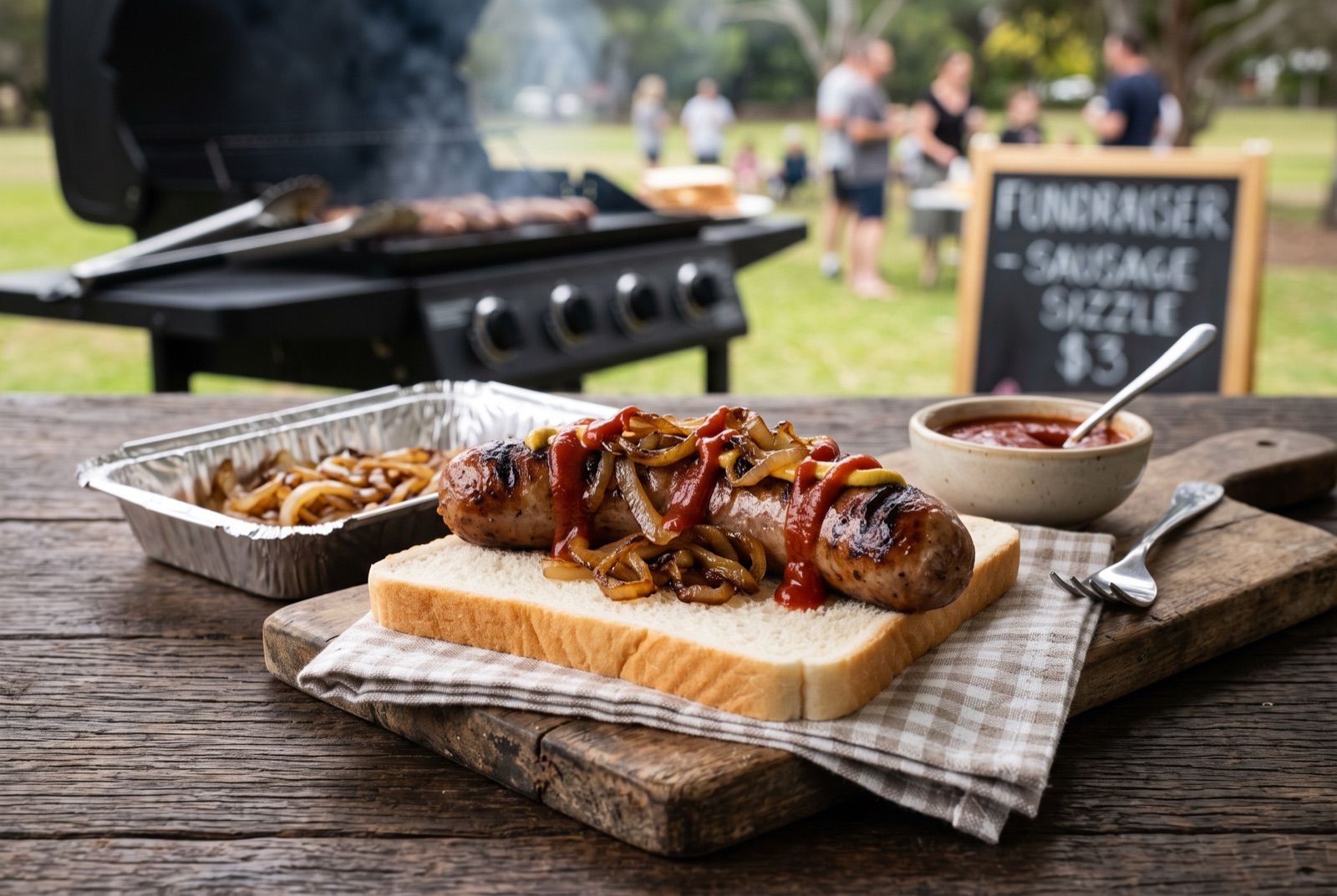 A barbecued beef sausage laid diagonally across a folded slice of white bread with fried onions and tomato sauce