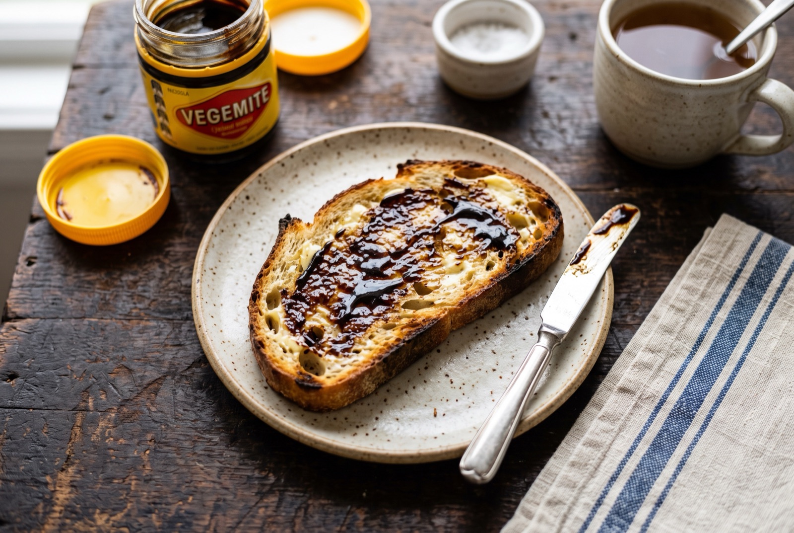 Two slices of buttered toast with a thin translucent scrape of dark Vegemite, cut into triangles on a plate