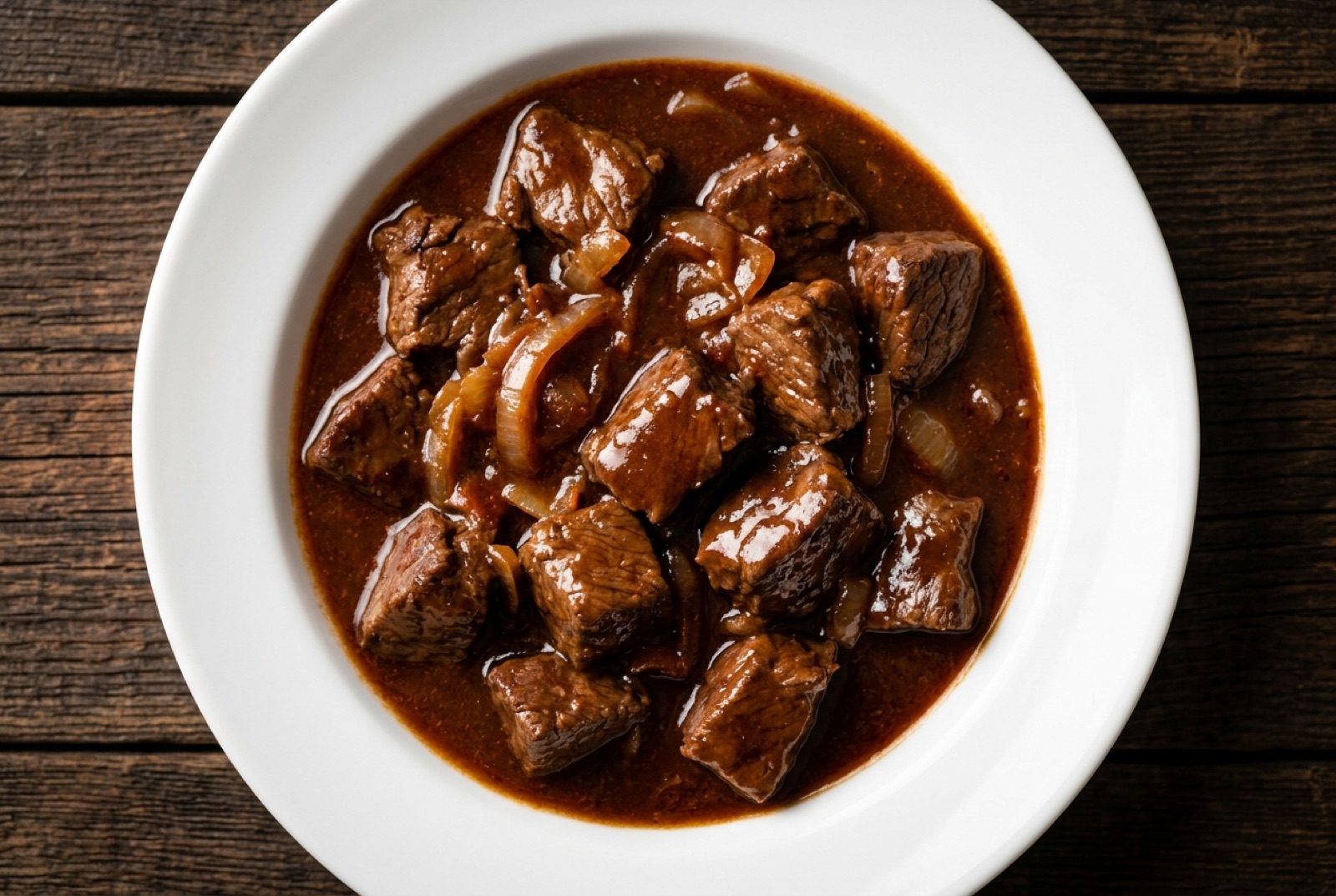 Dark glossy Viennese beef goulash in a pot with a bread roll and pickled gherkin alongside