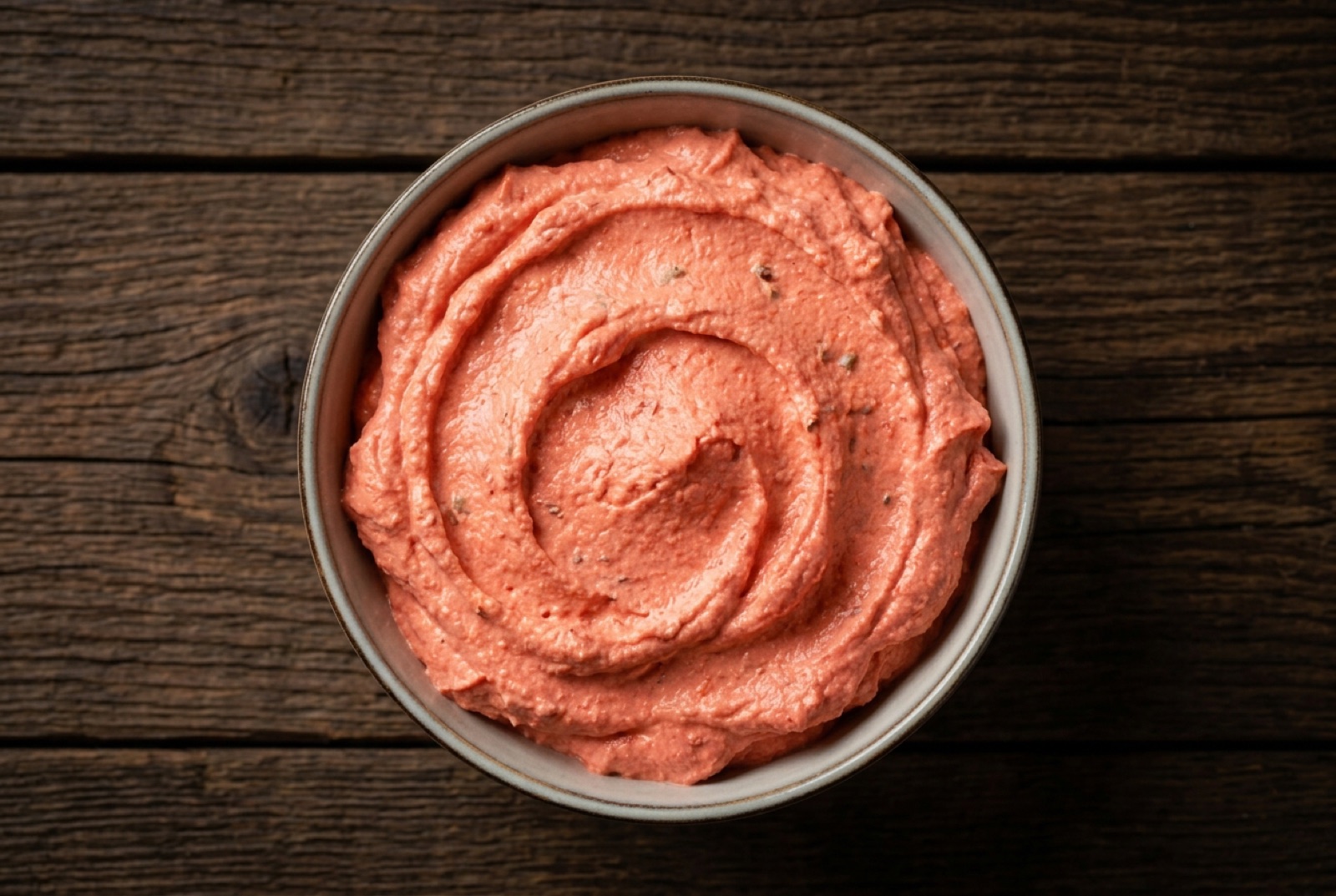 Bowl of coral pink Liptauer paprika cheese spread with chives, radishes and dark rye bread