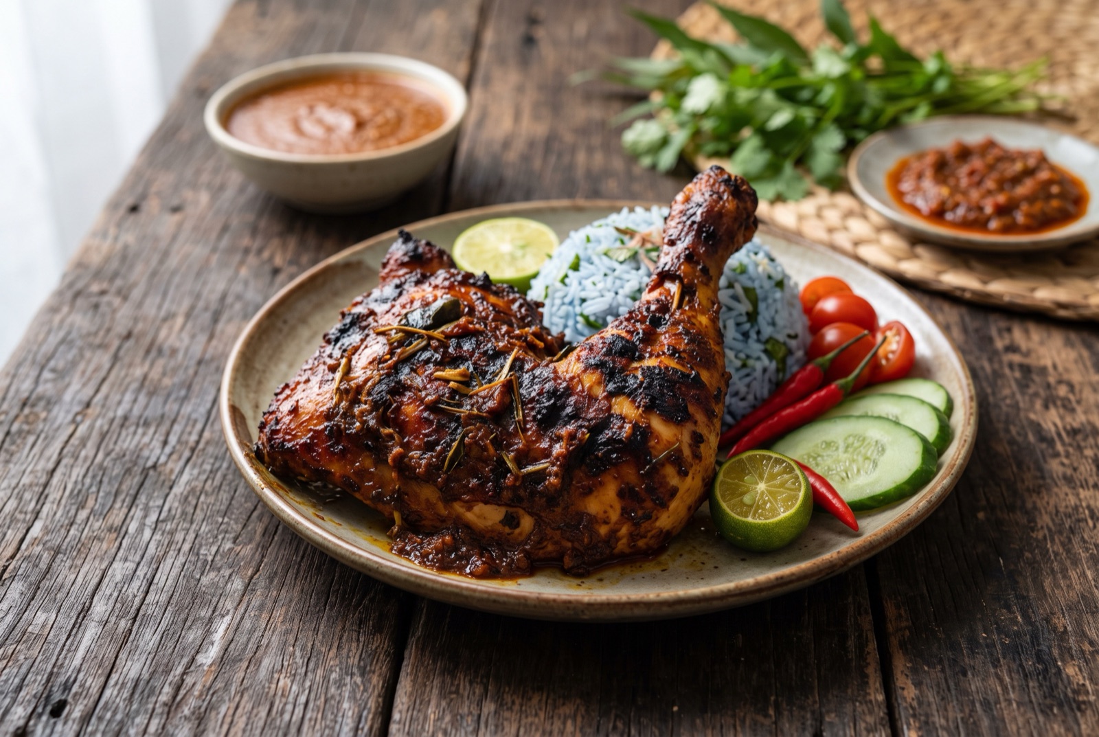 Butterflied grilled chicken lacquered in orange coconut spice gravy with charred edges on a wooden board