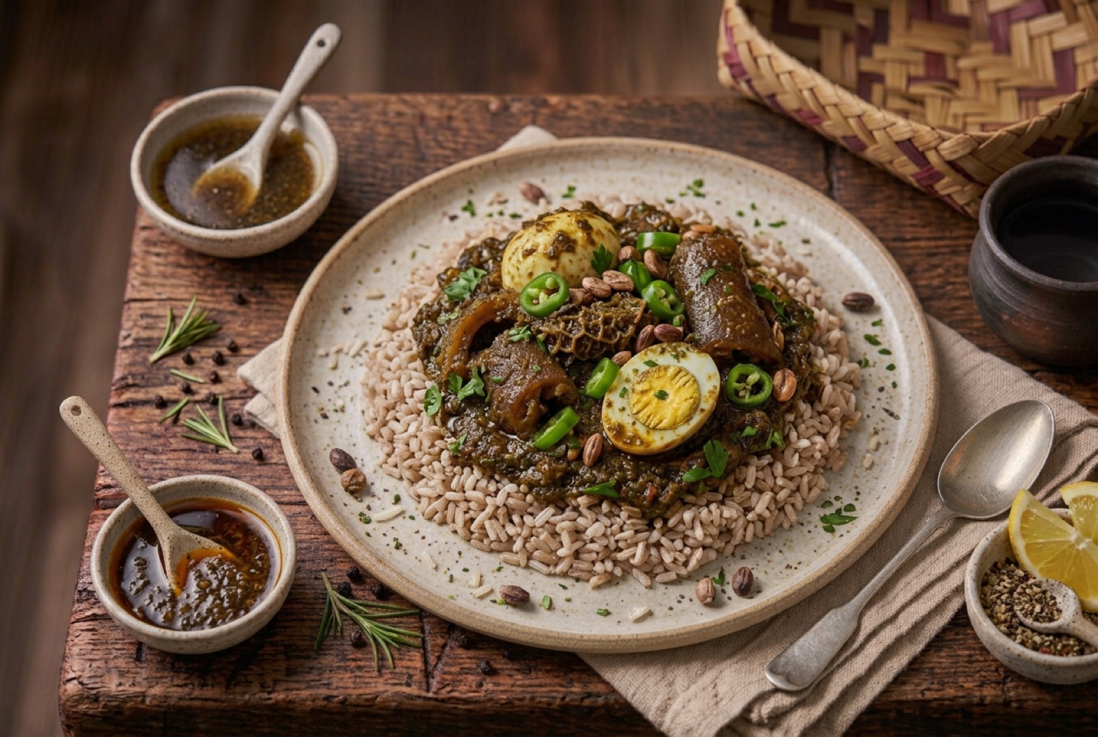 Dark green ayamase pepper stew with boiled eggs and tripe, spooned over speckled ofada rice