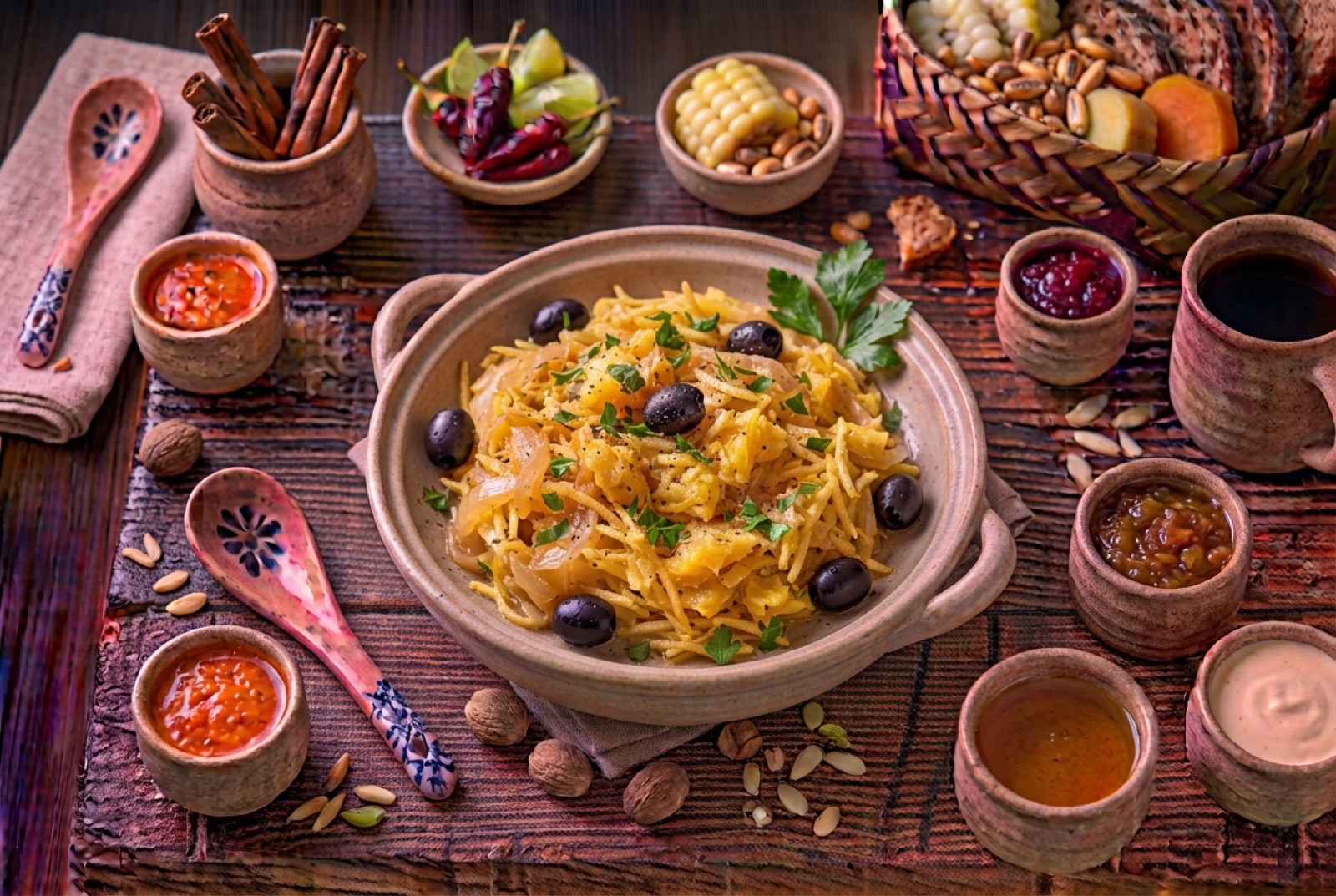 Plate of bacalhau à Brás — creamy eggs with flaked salt cod and shoestring potatoes, topped with parsley and black olives