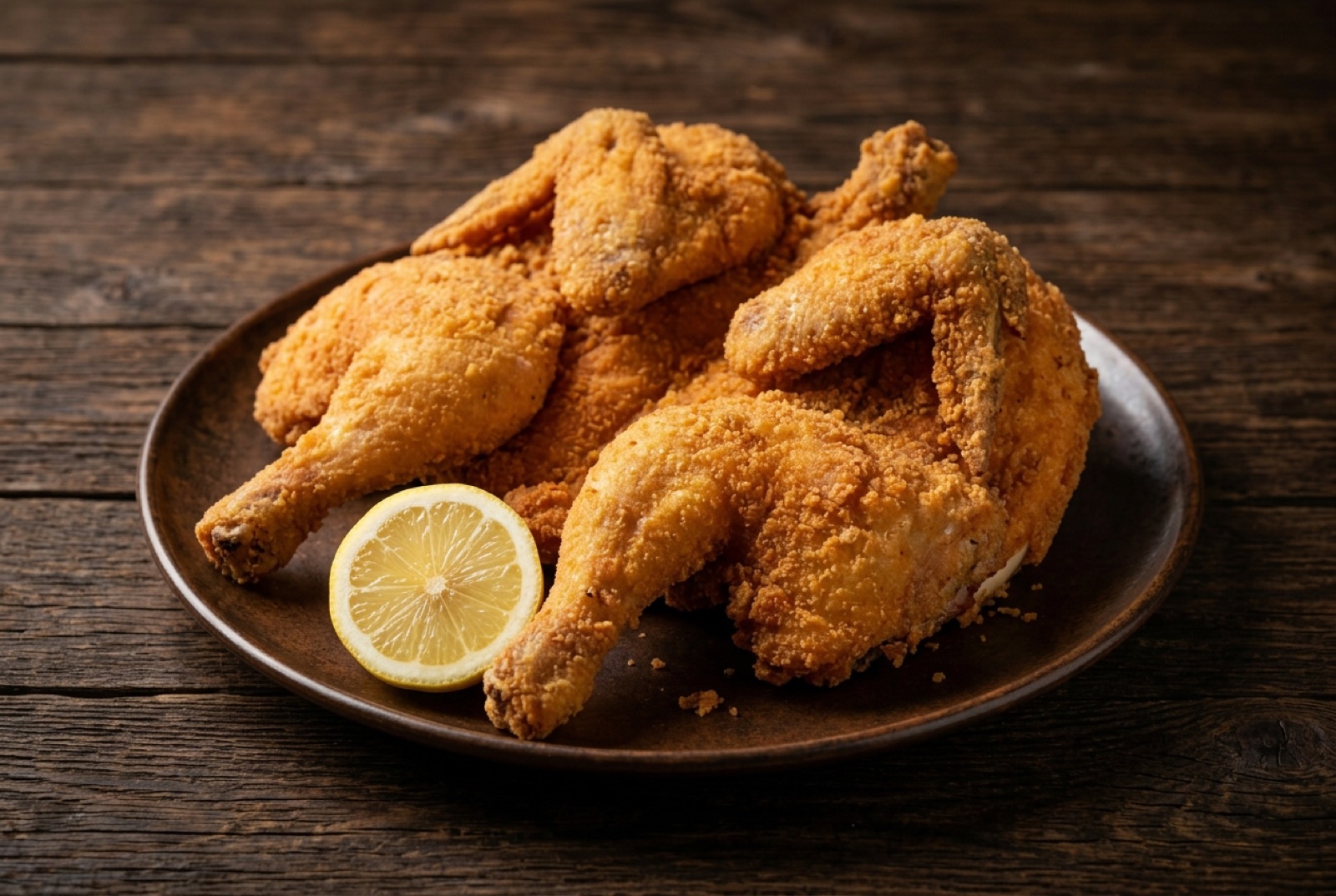 Platter of golden breaded Austrian fried chicken pieces with crisp fried parsley and lemon wedges