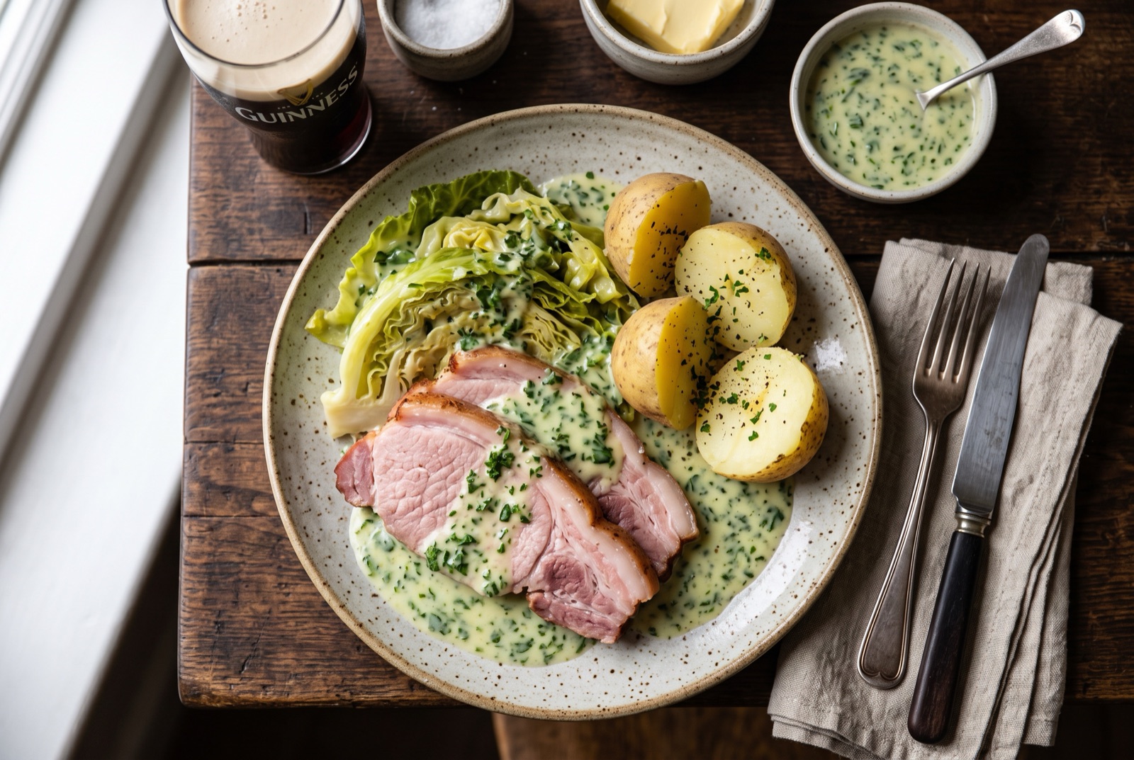 Carved slices of boiled bacon with buttered cabbage wedges and parsley sauce poured over