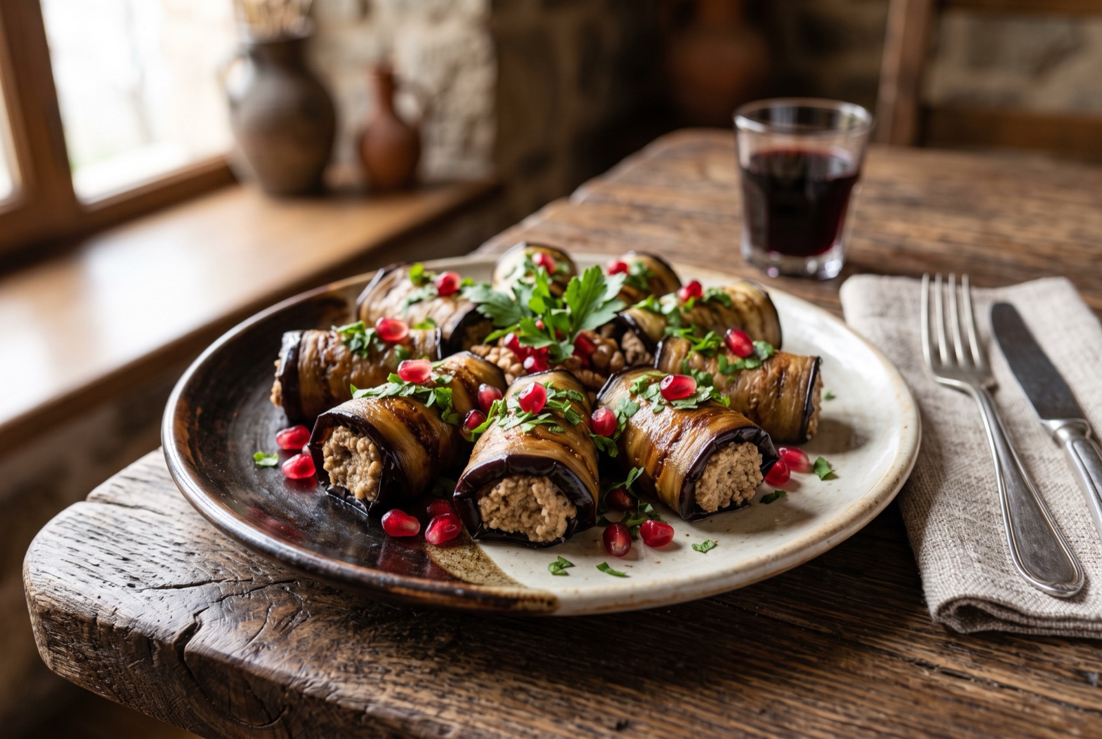 Rolled fried aubergine slices filled with pale walnut paste, topped with pomegranate seeds and coriander