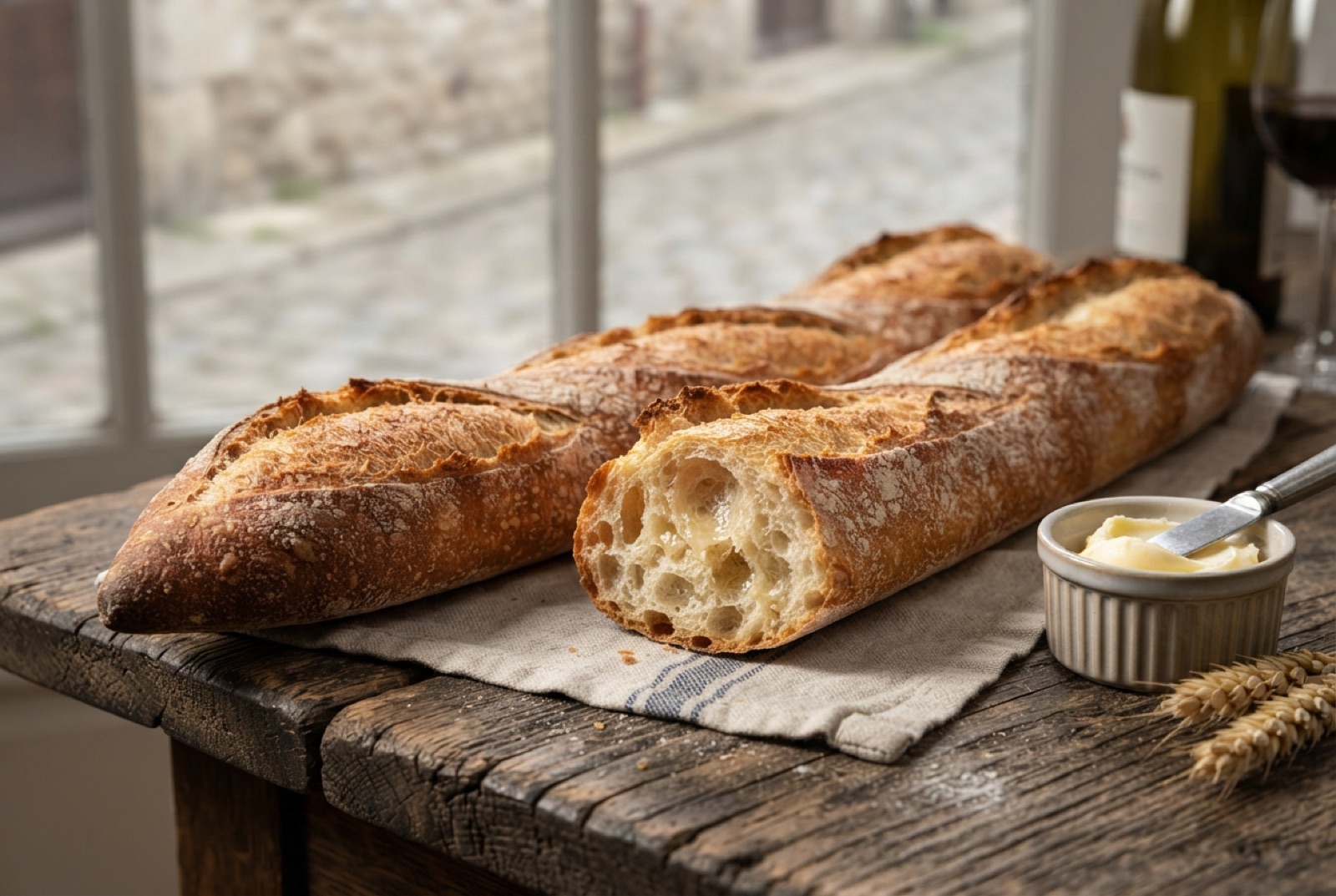Three long French baguettes on a rack with deeply browned crusts and open scored ears along the top