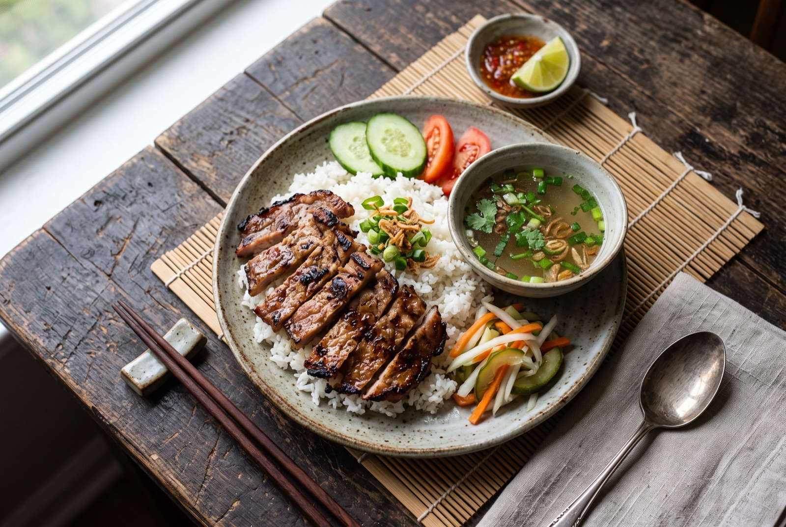 Plate of charred sliced pork over broken rice with pickled carrot and daikon, cucumber and a bowl of clear broth