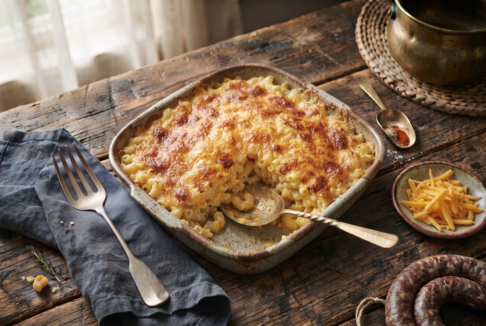 Baking dish of Southern macaroni and cheese with a browned cheddar crust and one square lifted out showing the set custard inside