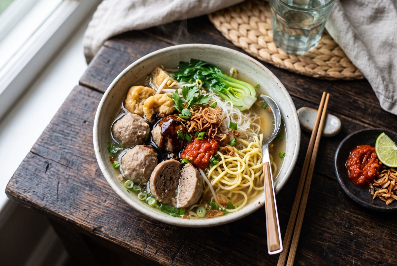 Bowl of clear beef broth with springy beef meatballs, yellow noodles, fried tofu, greens and fried shallots