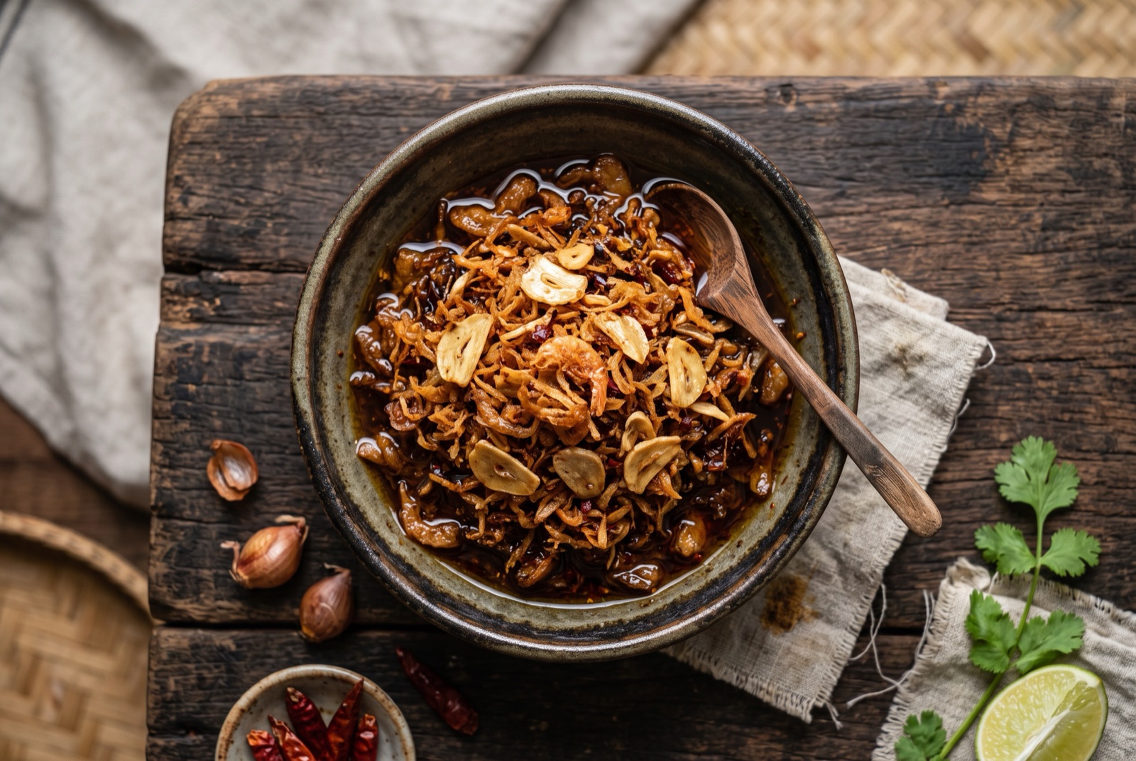 A jar of Burmese balachaung, rust-coloured crisp dried shrimp with fried garlic and shallots under oil