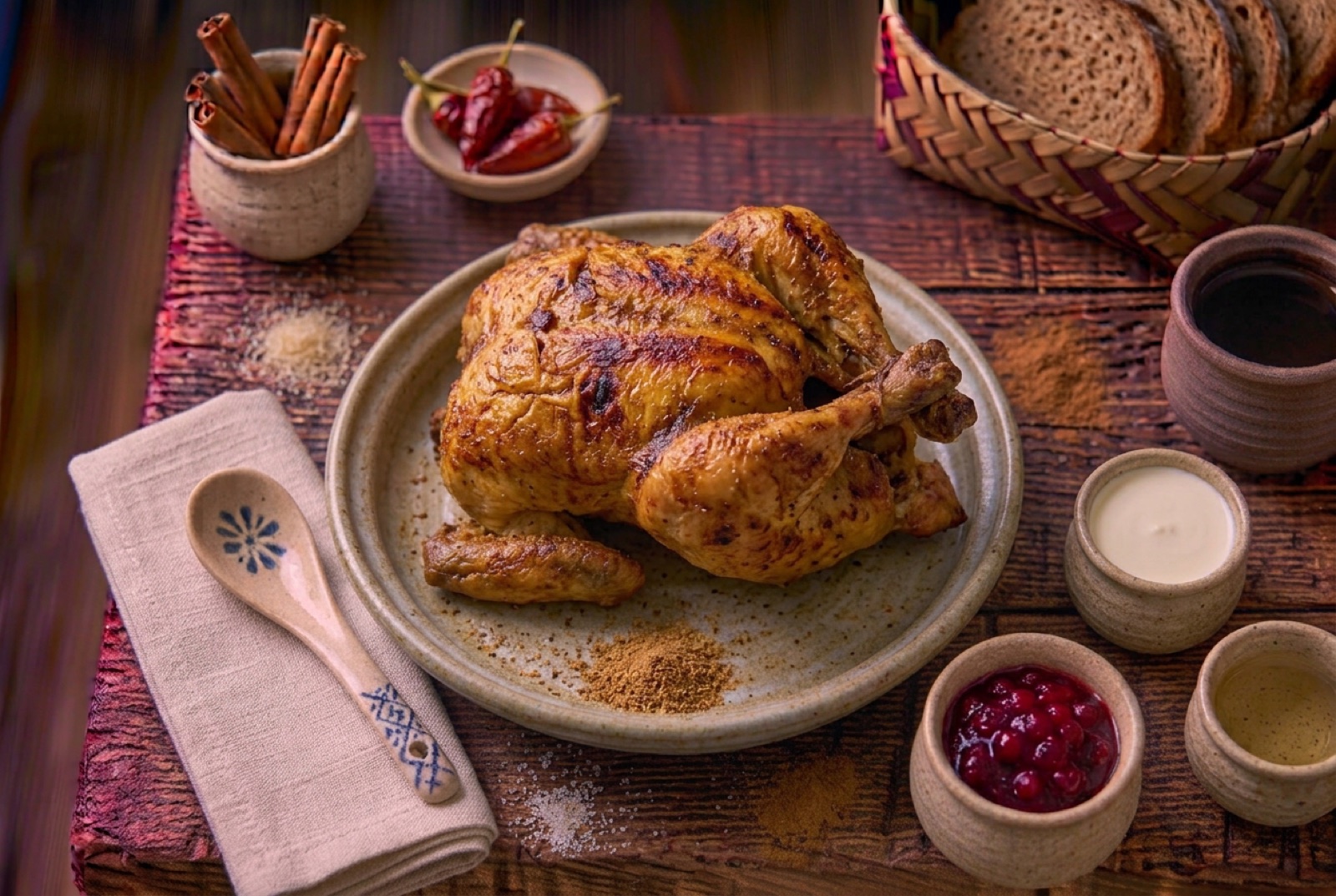 Whole roast Balochi sajji chicken with crisp golden skin resting on a mound of cumin rice with lemon wedges
