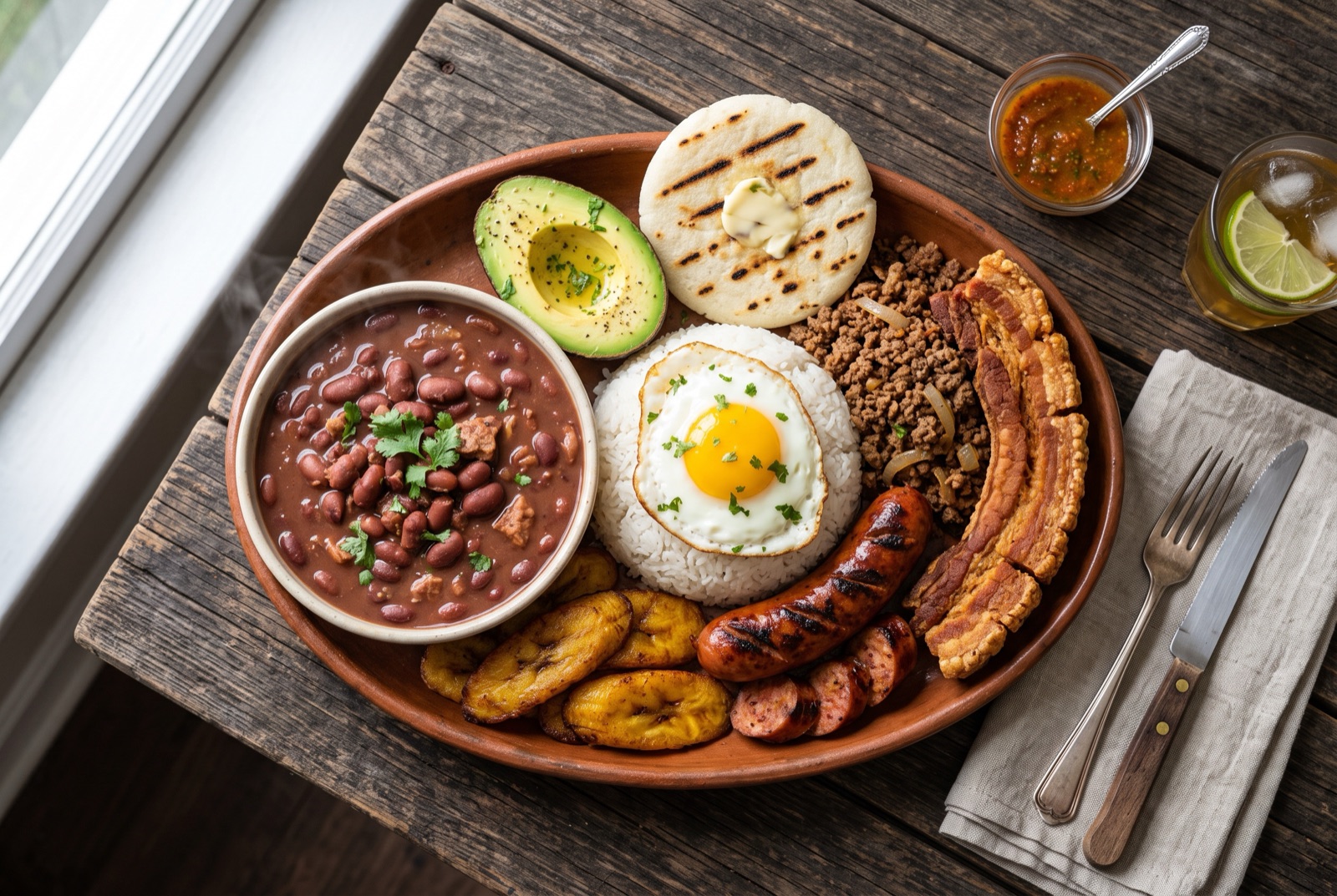 A wide tray holding red beans, white rice, ground beef, chicharrón, chorizo, fried egg, plantain, arepa and avocado