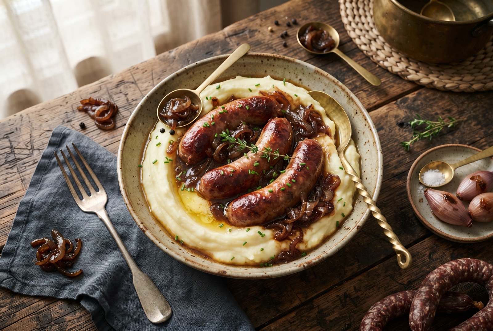 Browned pork sausages leaning on buttery mashed potato with dark onion gravy poured over