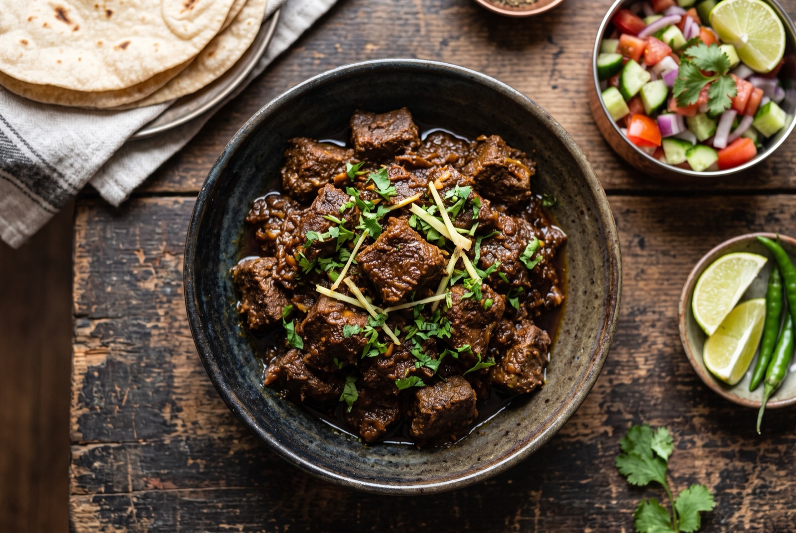 Dark glossy beef bhuna in a heavy pan with oil separating at the edges and slit green chiles on top