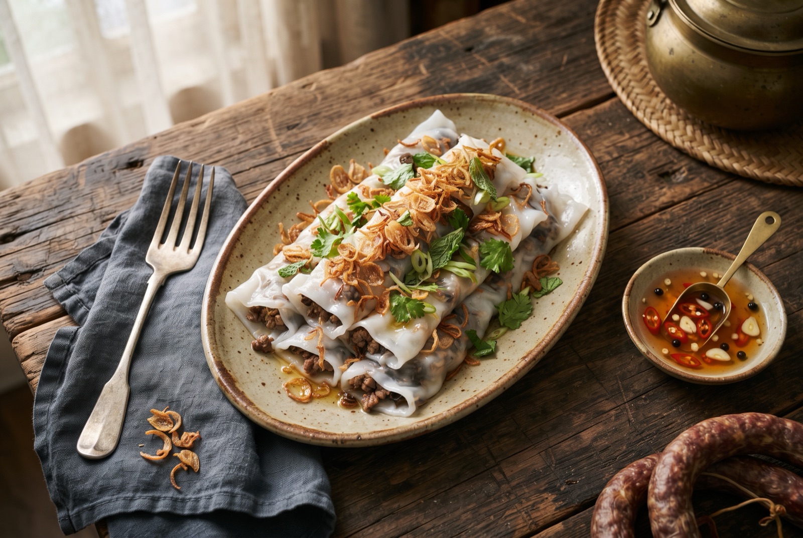 Plate of translucent steamed rice rolls filled with minced pork, topped with golden fried shallots and cilantro