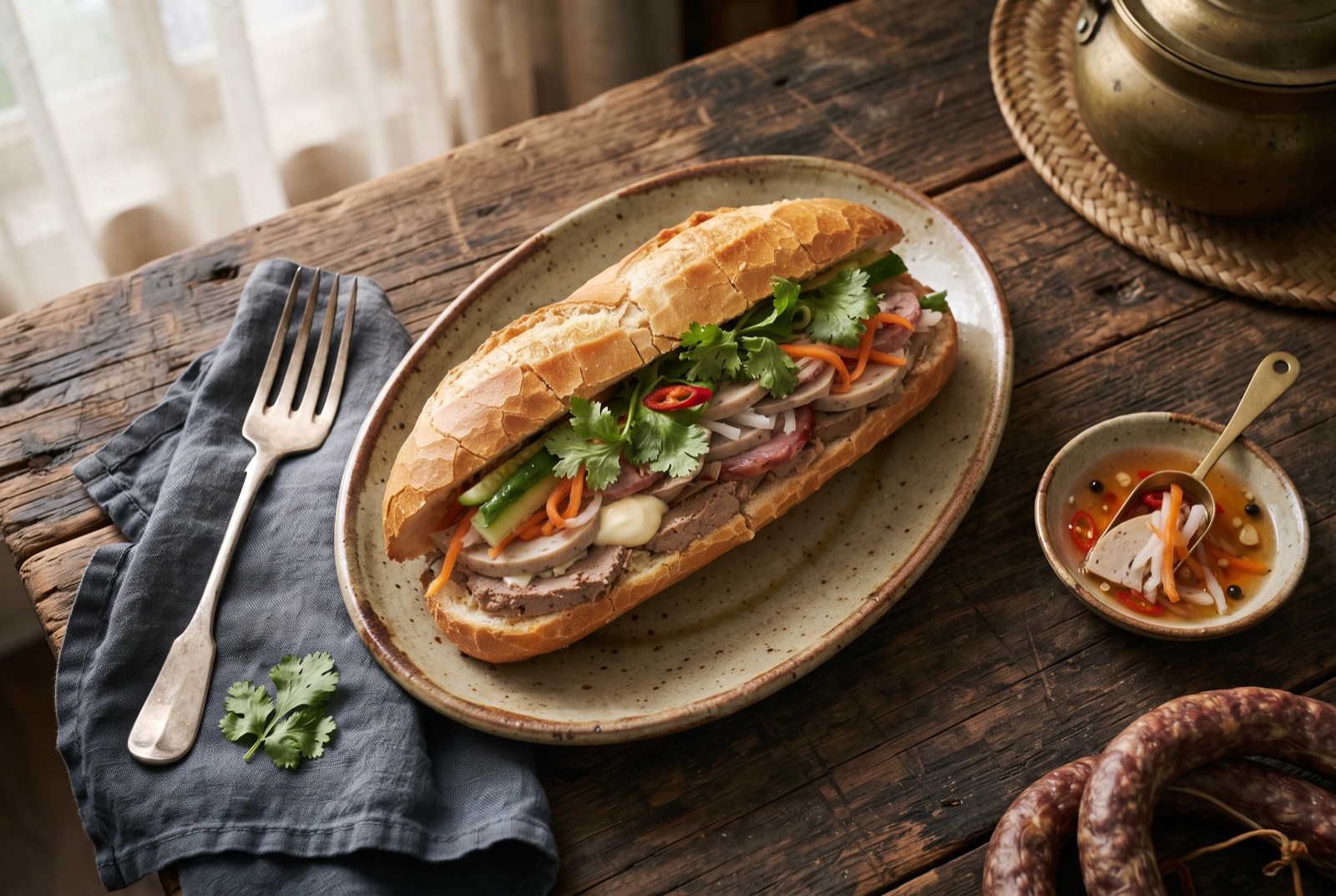 Split Vietnamese baguette filled with pâté, sliced pork roll, orange carrot pickles, cucumber and cilantro sprigs