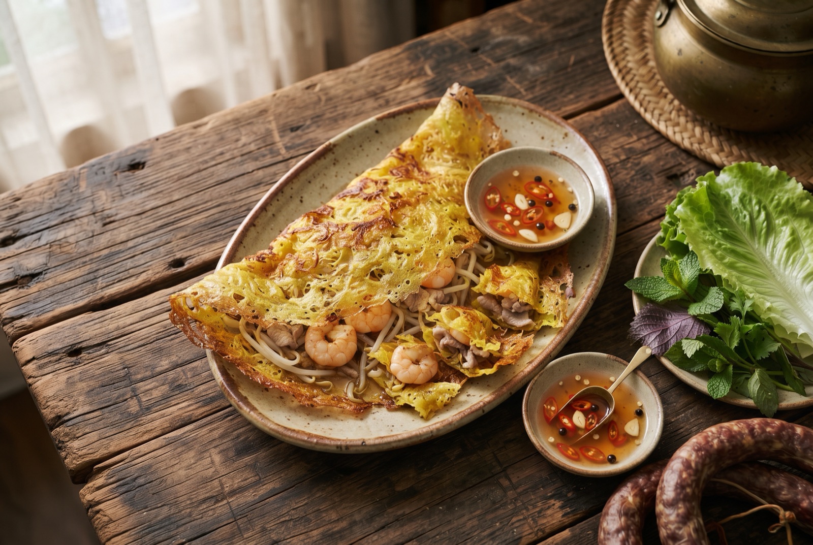 Golden turmeric rice crepe folded over shrimp and bean sprouts with crisp lacy edges, beside a plate of herbs