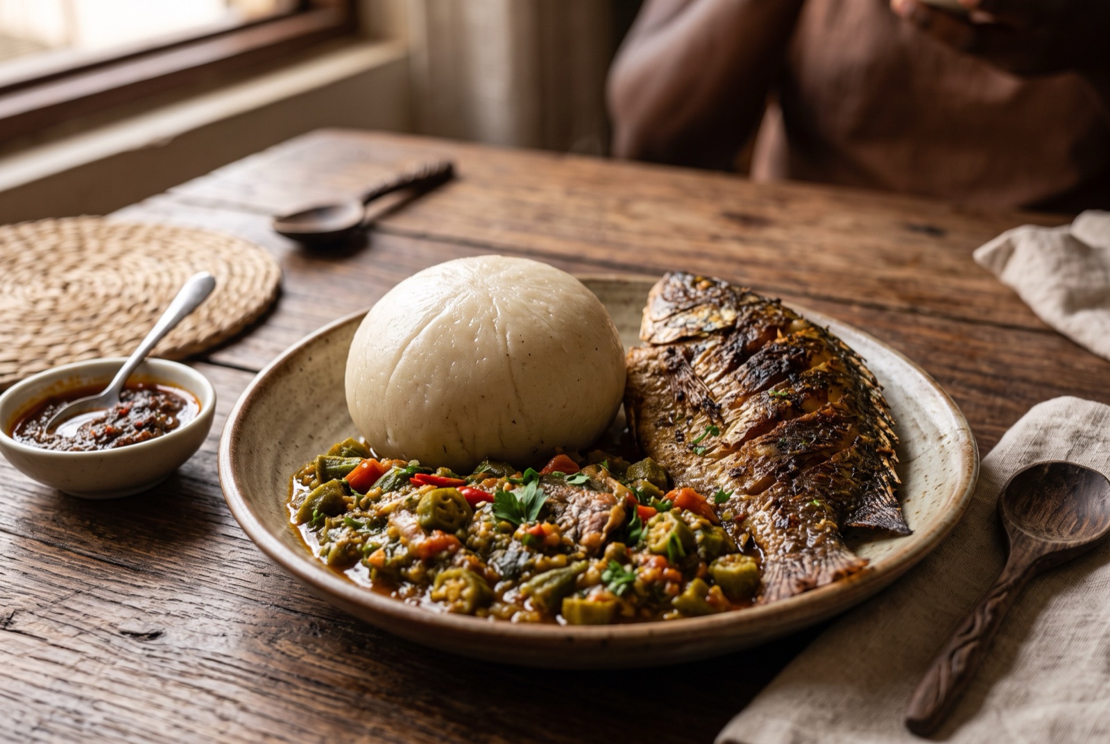 Two smooth white balls of Ghanaian banku on a plate with grilled tilapia and red ground pepper sauce