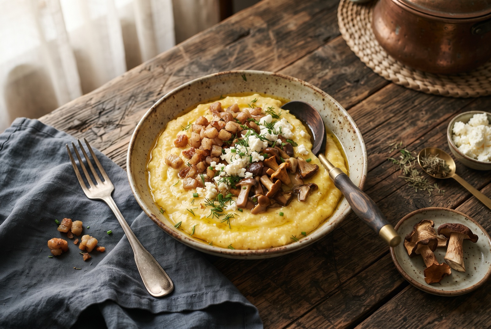 Bowl of creamy Hutsul banosh cornmeal porridge topped with fried mushrooms, crumbled sheep cheese and cracklings