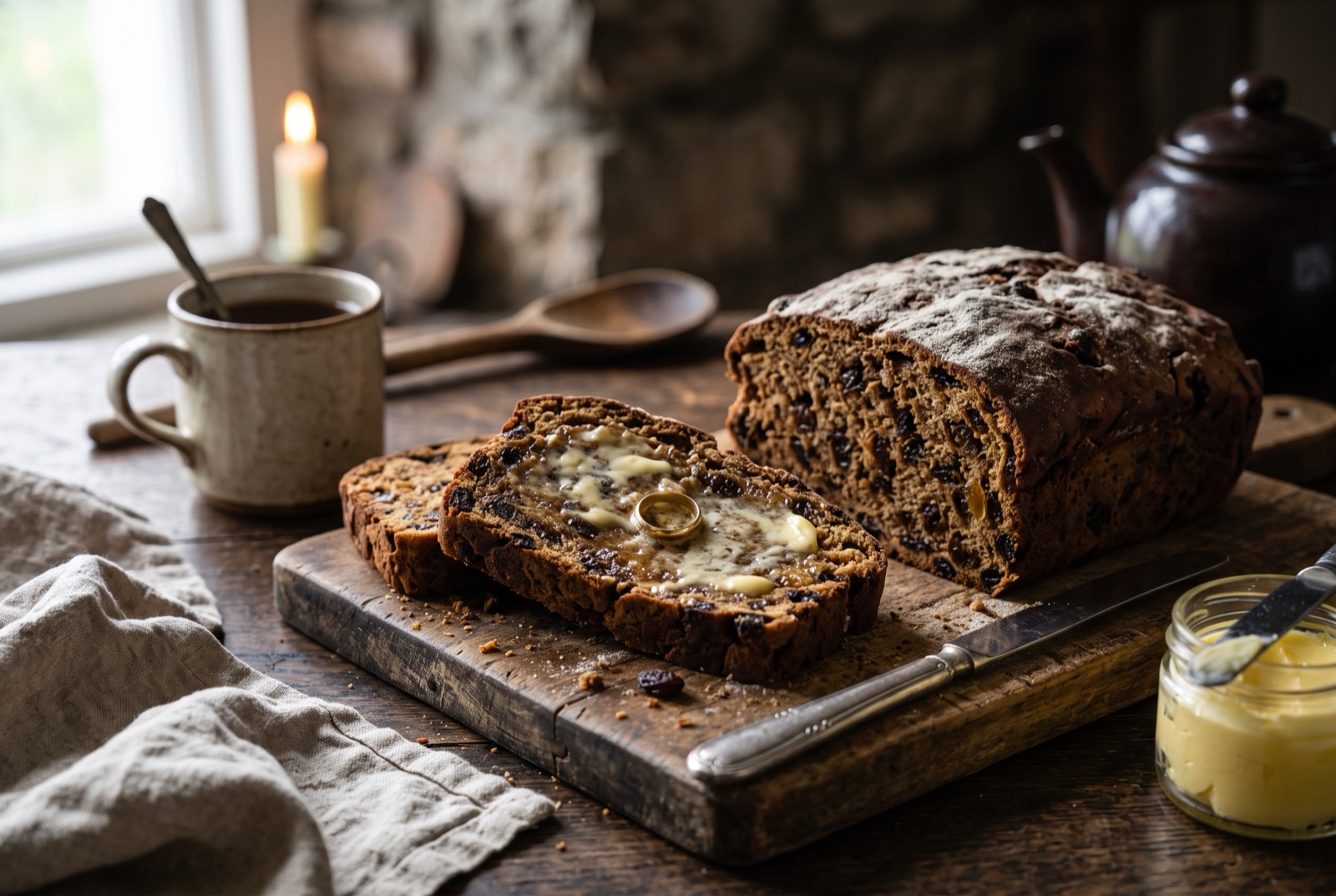 Sliced dark barmbrack fruit loaf packed with raisins, one thick slice spread with butter