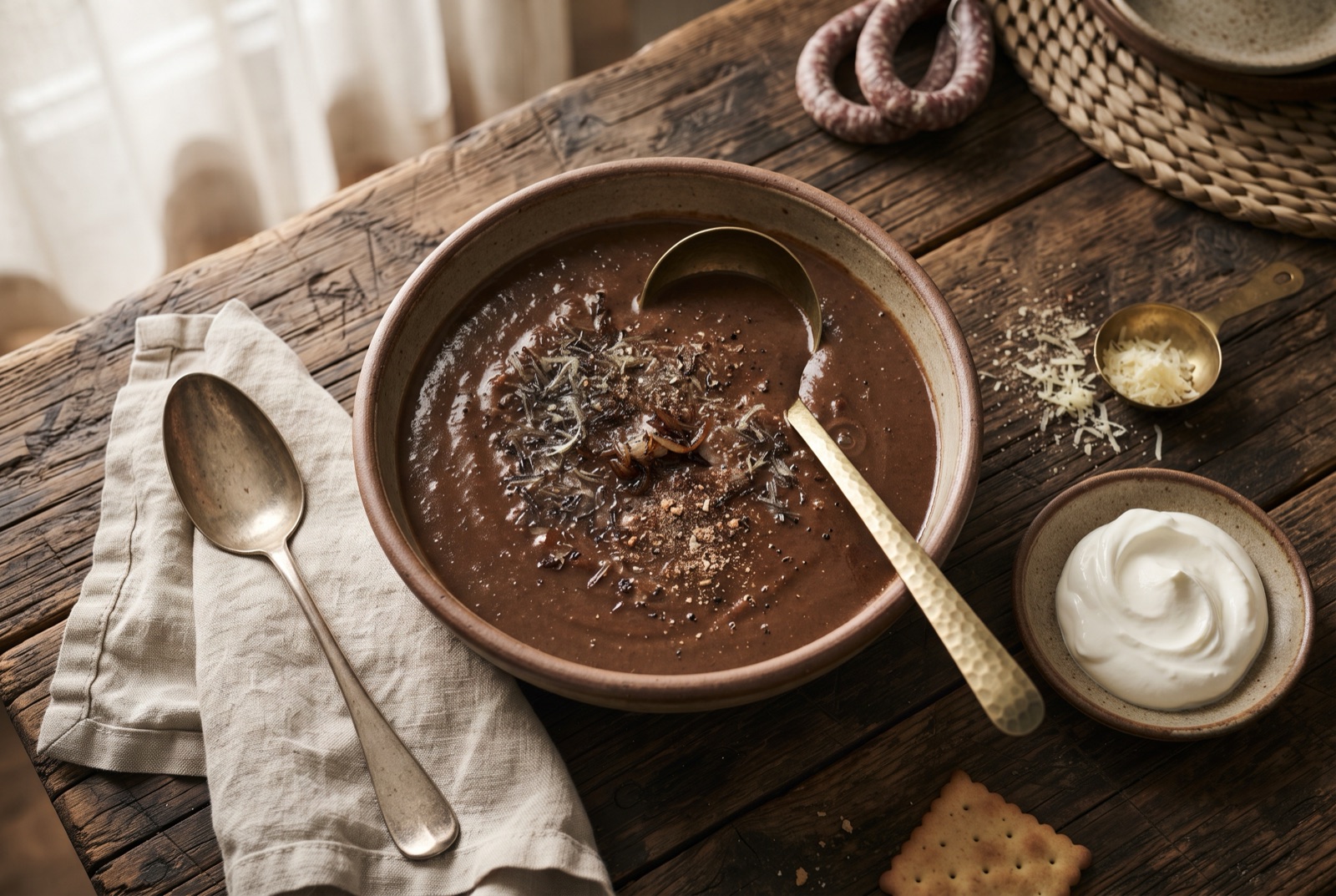 Deep brown Basel flour soup in a bowl with melting grated cheese and chives on top