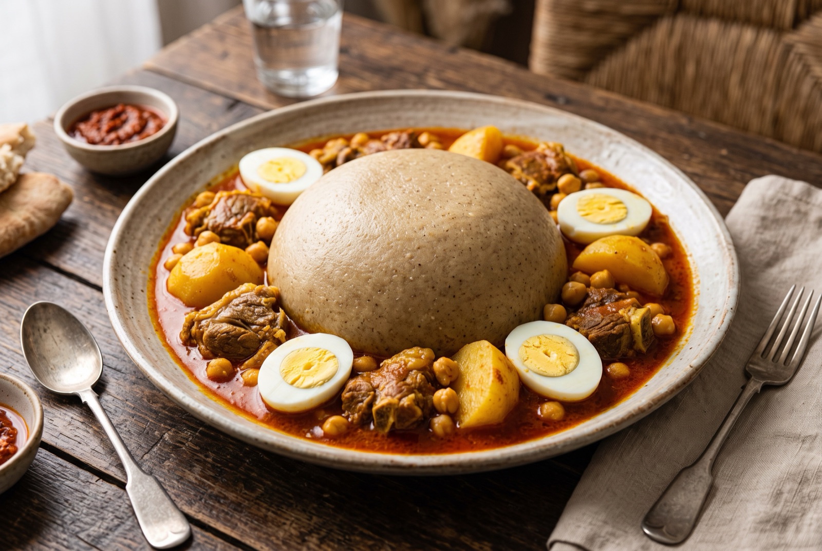 A smooth barley dough dome in the centre of a wide tray, ringed by orange lamb sauce, potatoes, chickpeas and halved eggs