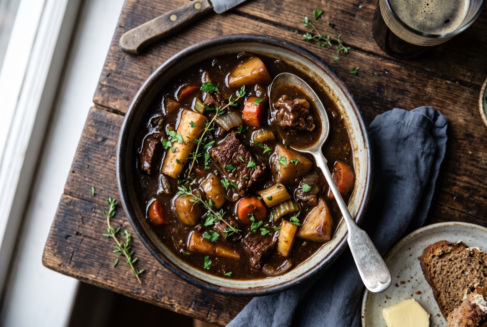 Dark glossy beef and stout stew with carrot chunks and thyme in a heavy casserole