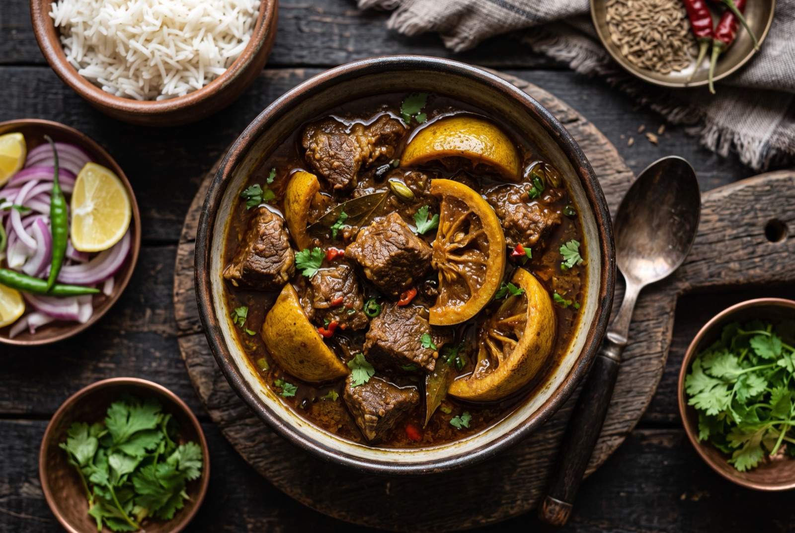 Sylheti beef curry with thick wedges of green shatkora citrus rind in a dark, oily gravy