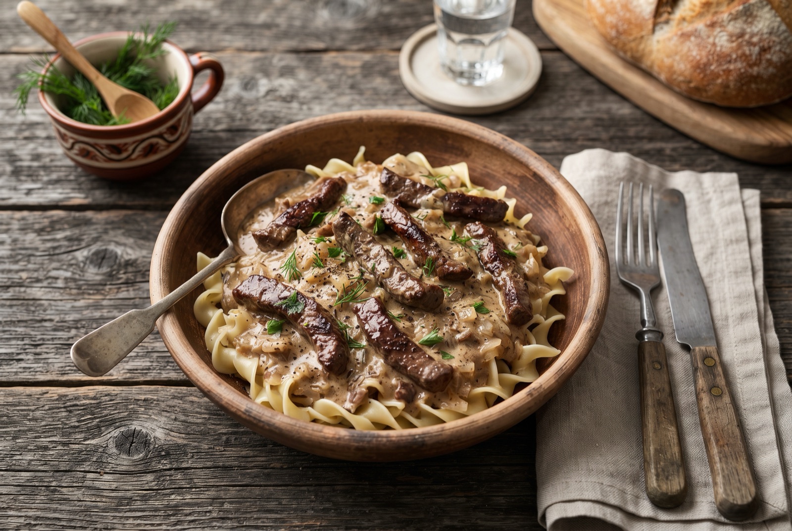 Skillet of beef stroganoff, browned beef strips in a pale mustard sour cream sauce with onions and parsley
