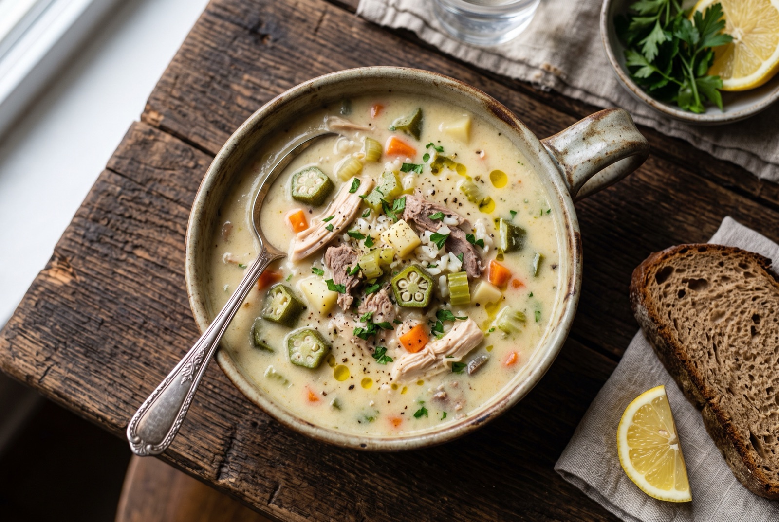 Bowl of creamy pale begova corba with shredded chicken, okra pieces and diced carrot, lemon wedge on the side