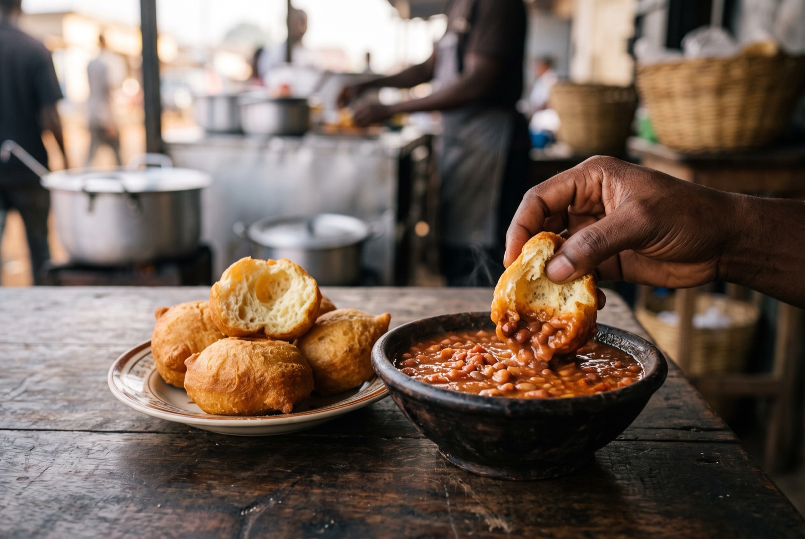 Golden fried Cameroonian beignets piled next to a bowl of soupy red bean stew glossy with palm oil