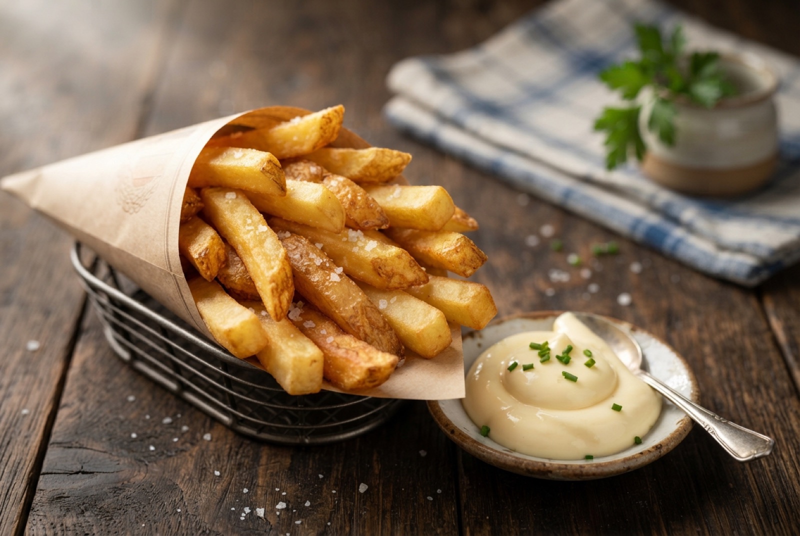 Paper cone of thick golden Belgian fries with a fork and a mound of thick mayonnaise on top