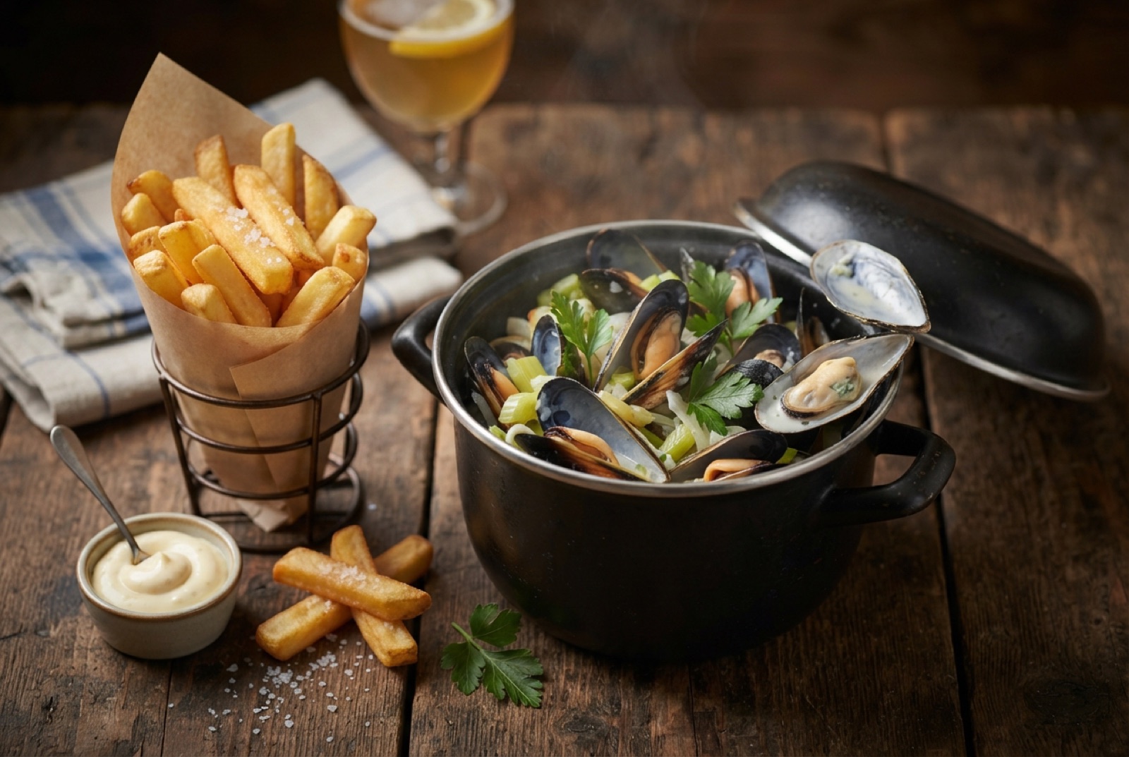 Black enamel pot of open mussels in buttery celery broth with a separate cone of Belgian fries