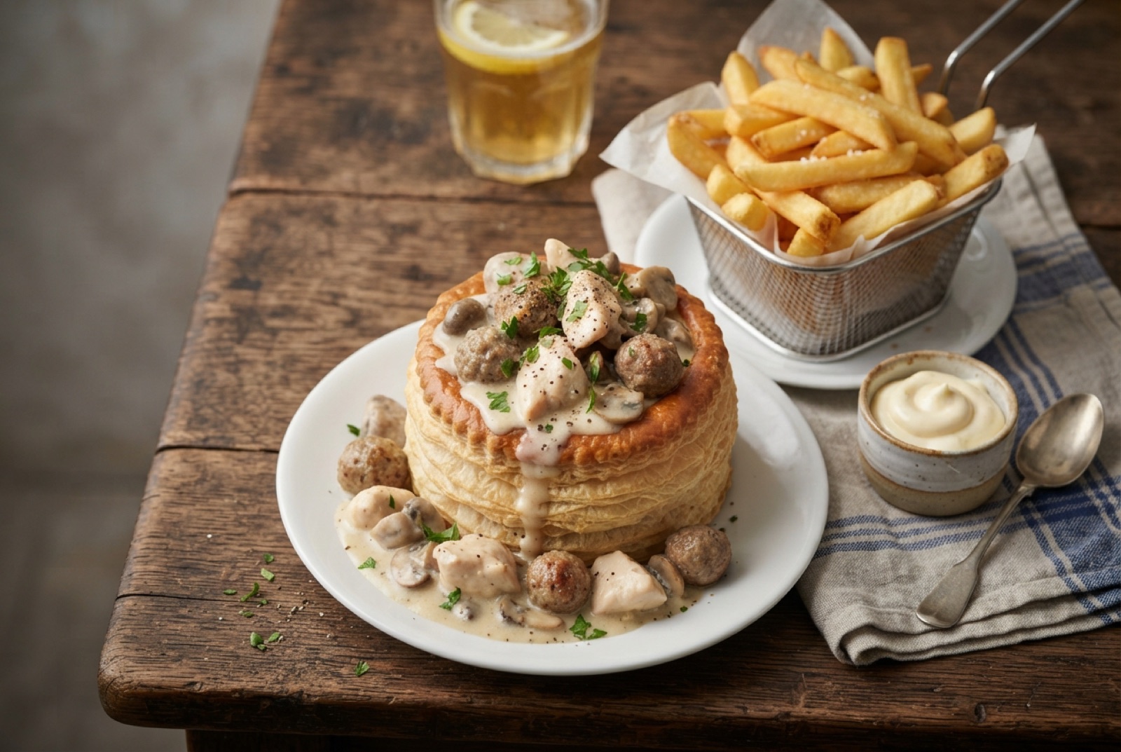 Golden puff pastry case overflowing with creamy chicken, small meatballs and mushrooms