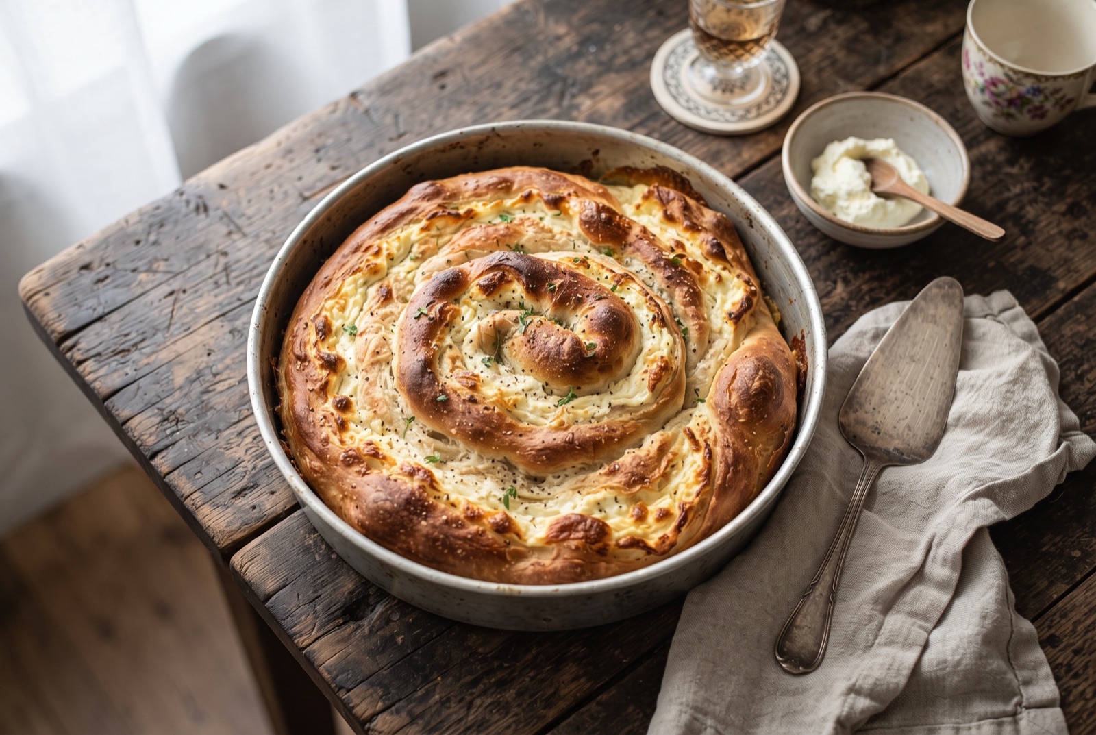 Round flat povitica cut into wedges, showing thin dough ribbons coiled through a pale curd filling