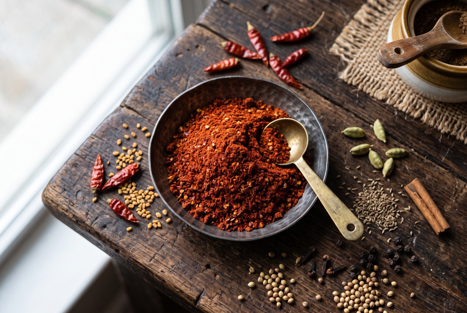 Deep red berbere powder heaped in a bowl surrounded by dried chillies, cardamom pods and fenugreek seeds