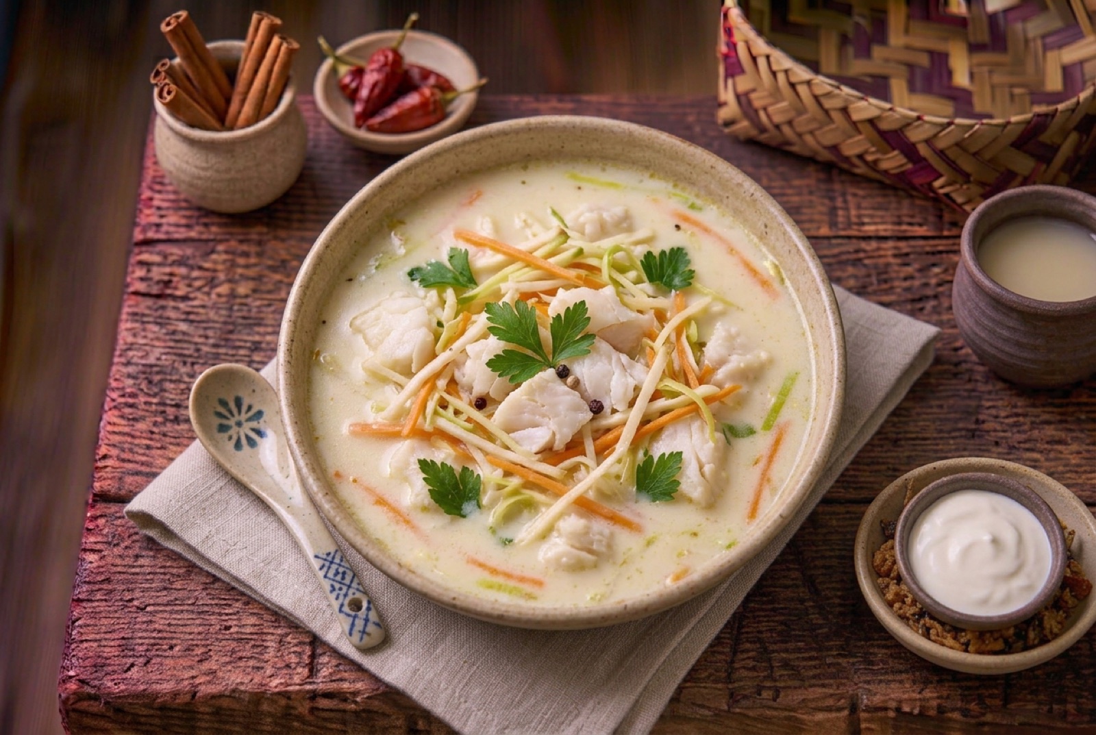 Bowl of creamy Bergen fish soup with cod flakes, carrot and leek matchsticks and chopped dill