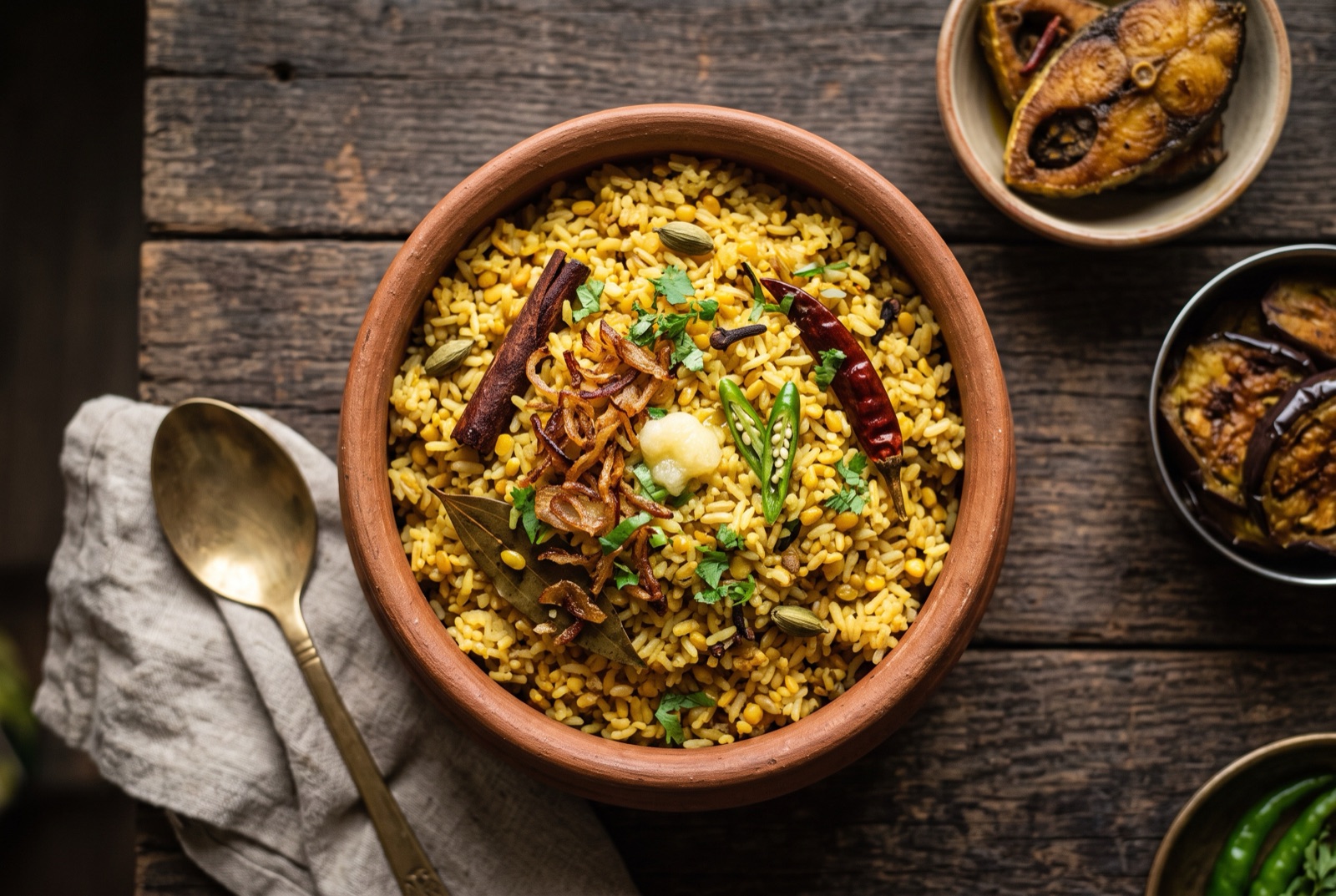 Golden bhuna khichuri of rice and moong dal with whole spices and slit green chiles in a heavy pot
