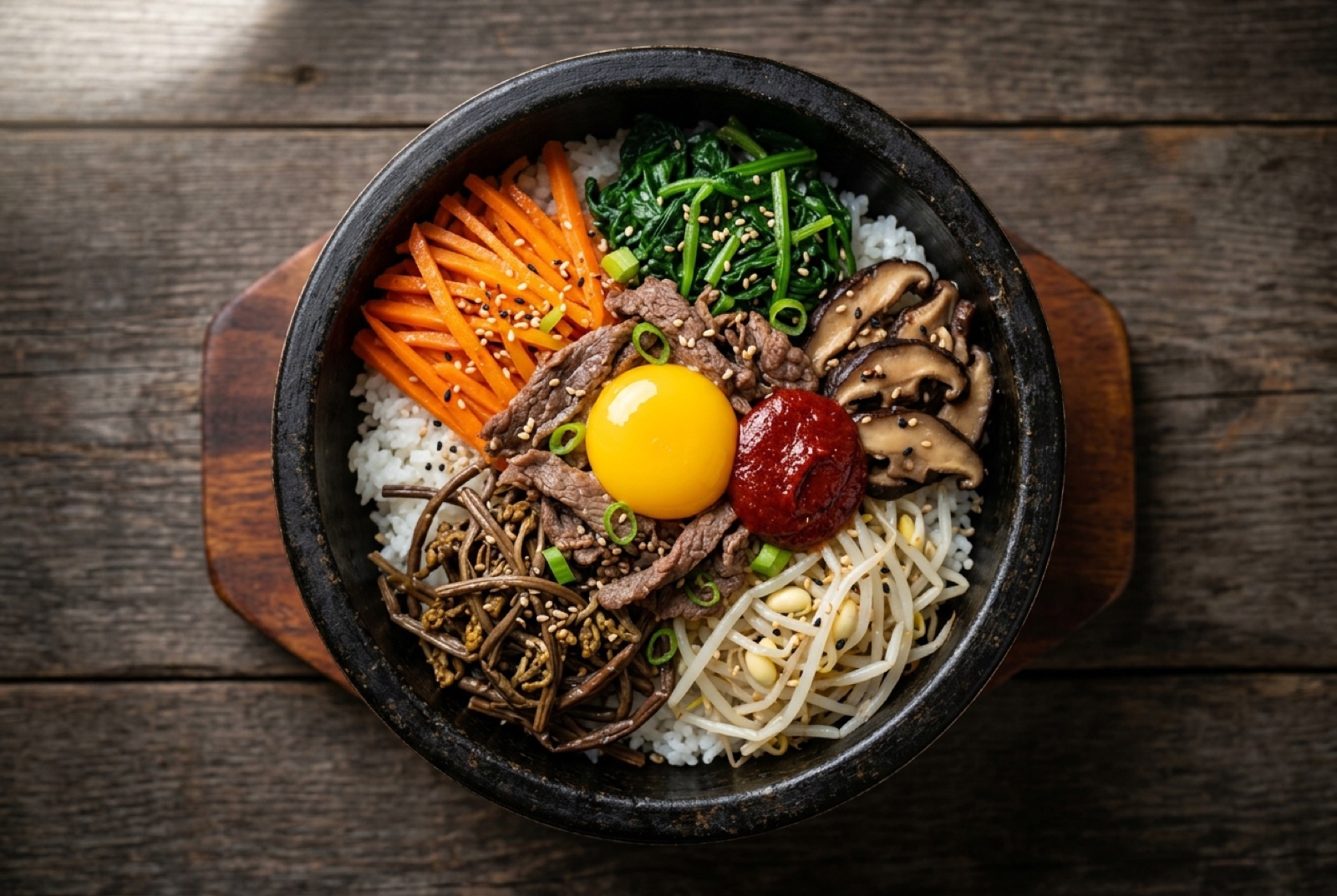 Bibimbap bowl with rice under wedges of spinach, carrot, mushrooms and beef around a fried egg with gochujang sauce