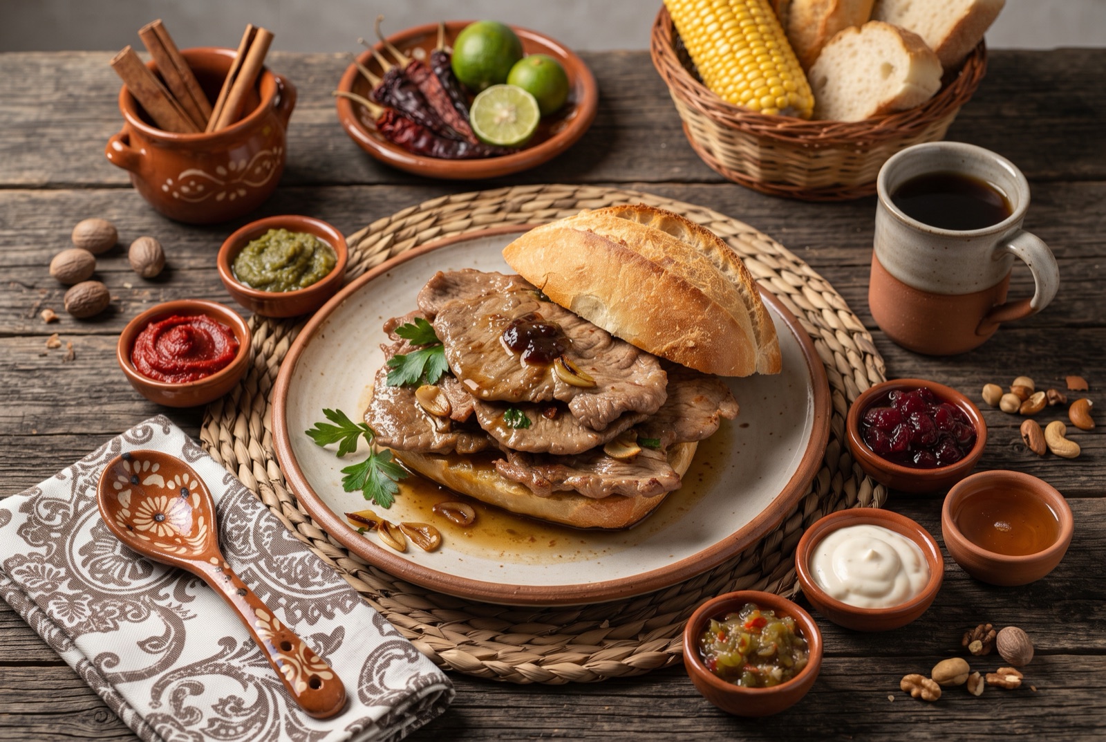 Crusty roll filled with thin slices of marinated pork, sauce soaking into the bread