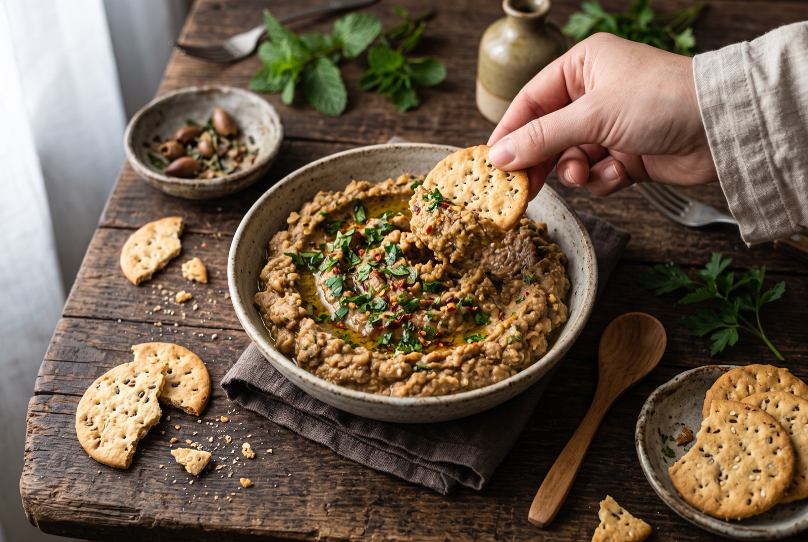 Shallow bowl of coarse Maltese bigilla broad bean dip with olive oil, parsley and chilli flakes