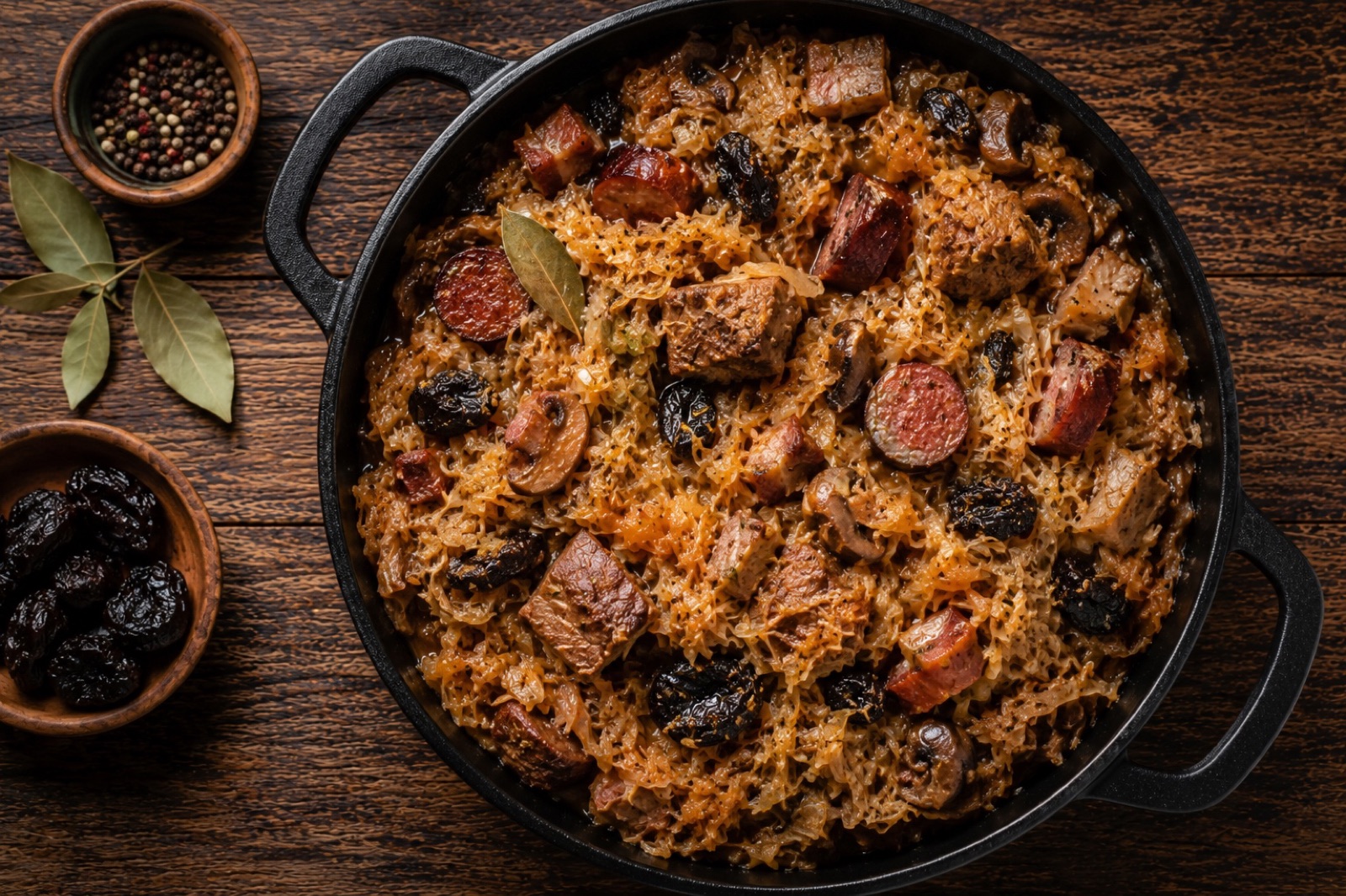 Pot of amber-brown Polish bigos with sauerkraut, chunks of pork and slices of smoked sausage