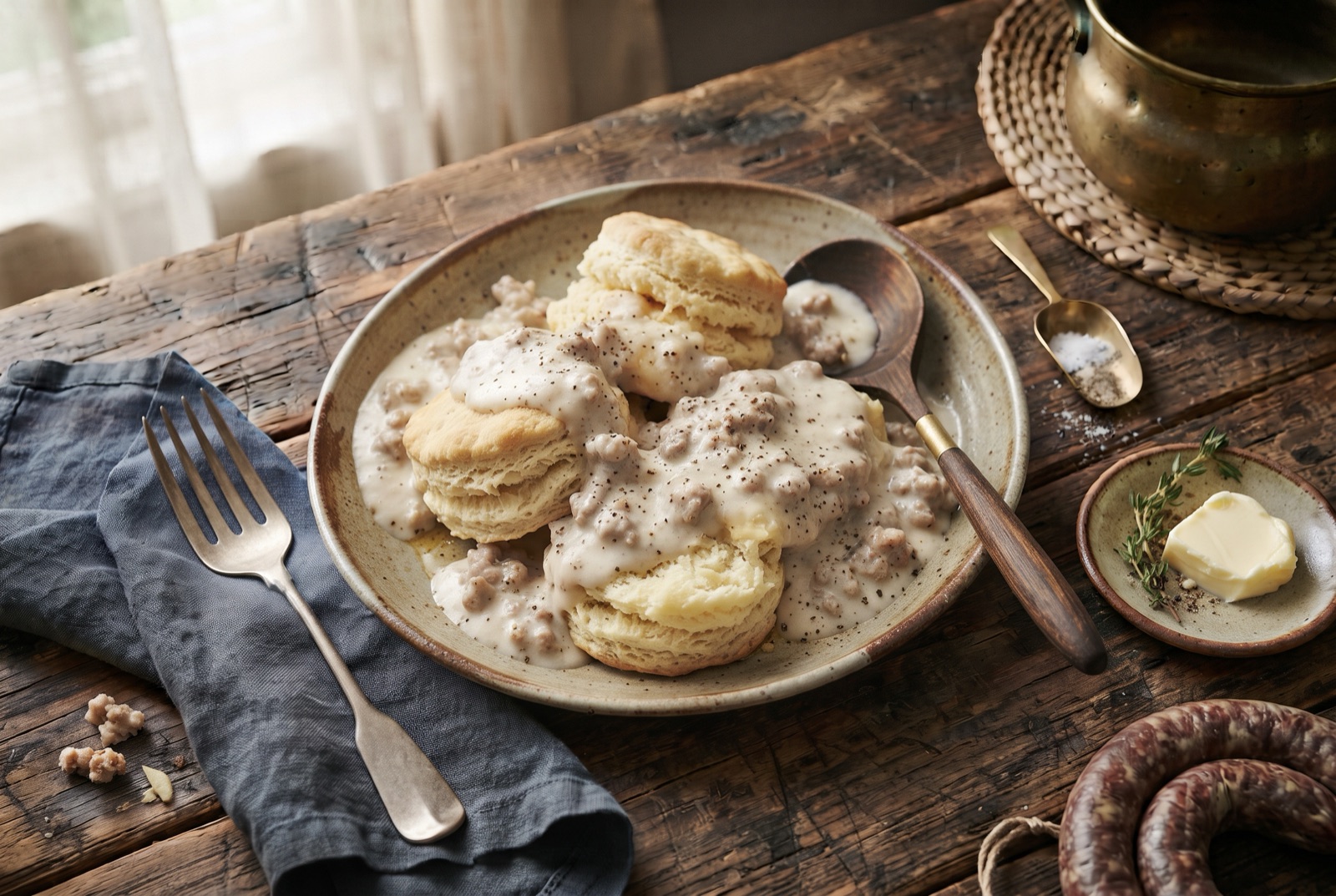 Split buttermilk biscuits on a plate smothered in thick white sausage gravy flecked with black pepper