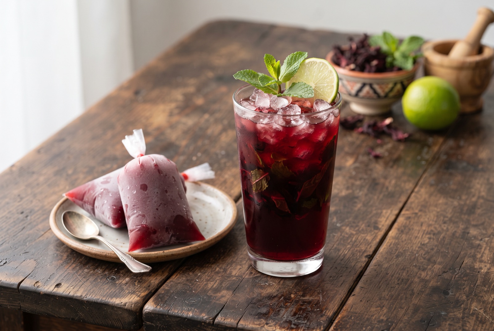Tall glass of deep ruby hibiscus drink over ice with a mint sprig, jug of the same drink behind it