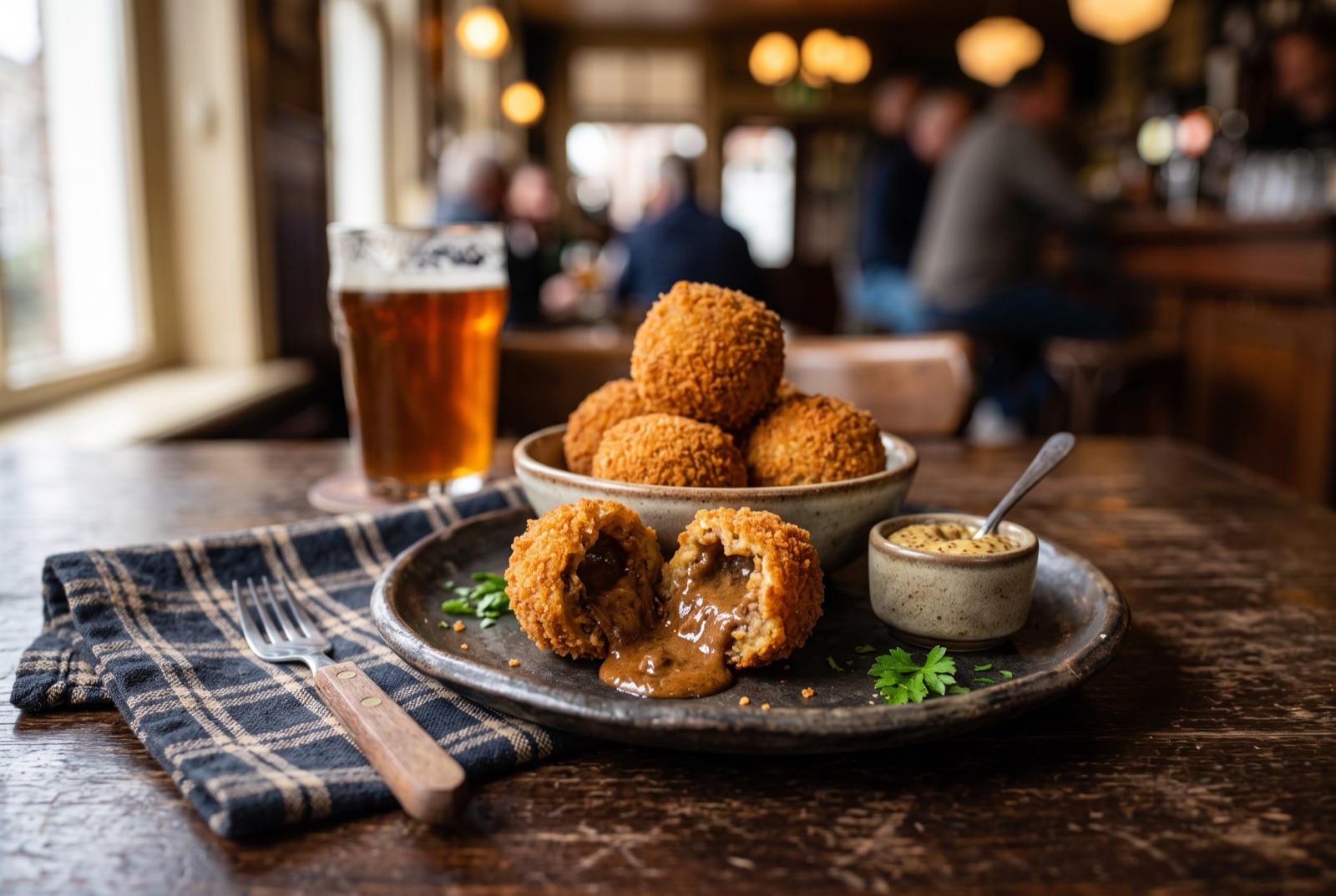 Golden fried bitterballen on a plate with mustard, one bitten open to show the molten beef ragout inside