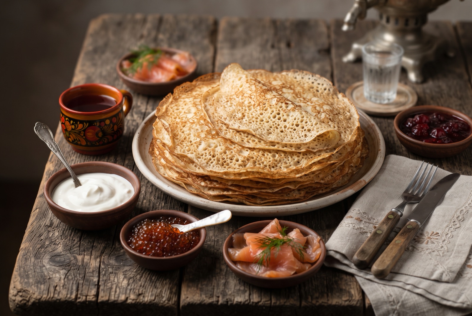 Stack of thin lacy Russian blini pancakes with sour cream, jam and salted salmon on the side