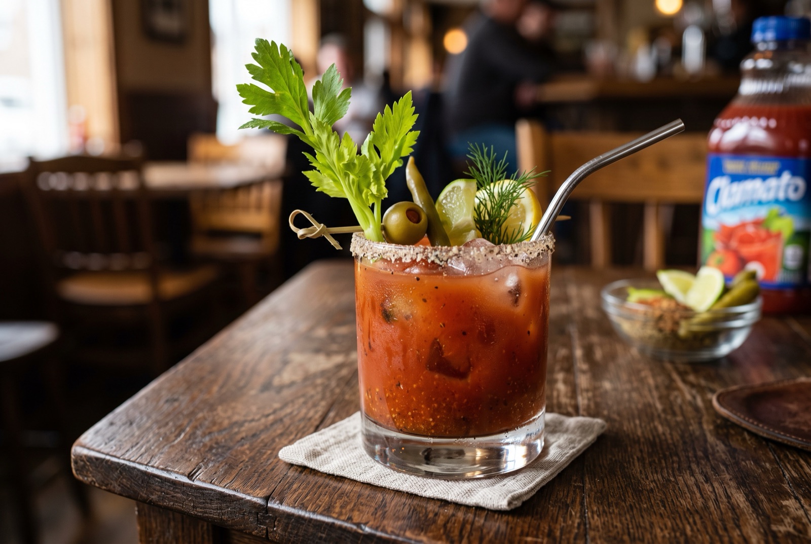 Tall Caesar cocktail over ice with a celery salt rim, leafy celery stalk and lime wedge