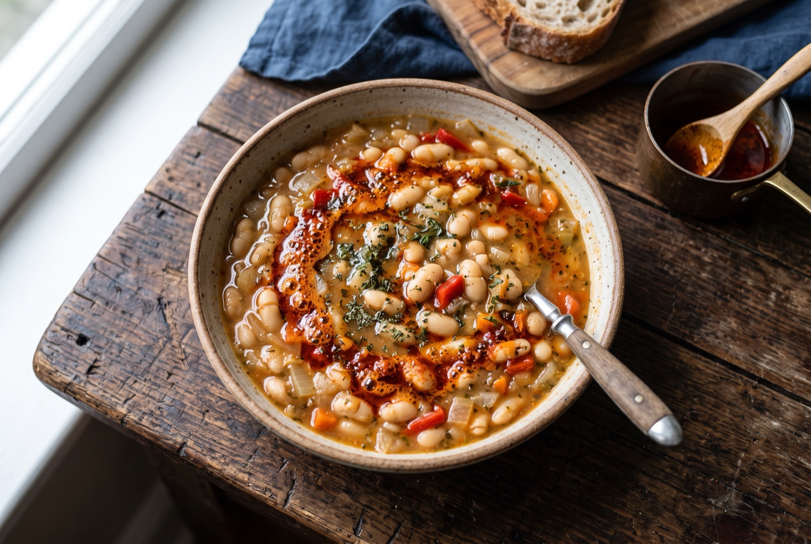 Bowl of thick Bulgarian white bean soup with carrot and pepper, red paprika oil floating on the surface